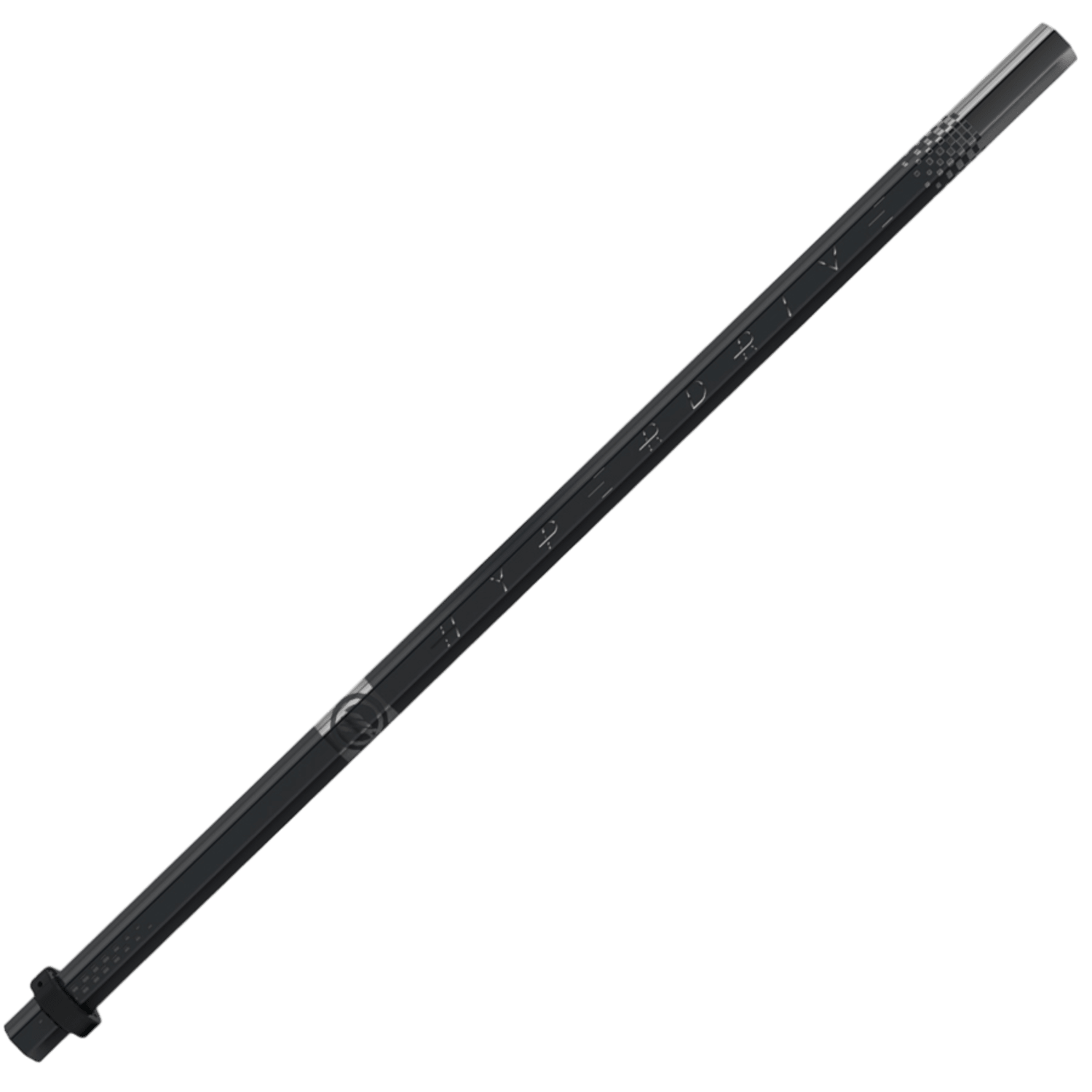 An image of a black, straight musical instrument resembling a tin whistle or penny whistle with finger holes along its length, crafted with precision akin to the Maverik Hyperdrive 2025 Defense Lacrosse Shaft's carbon composite engineering.