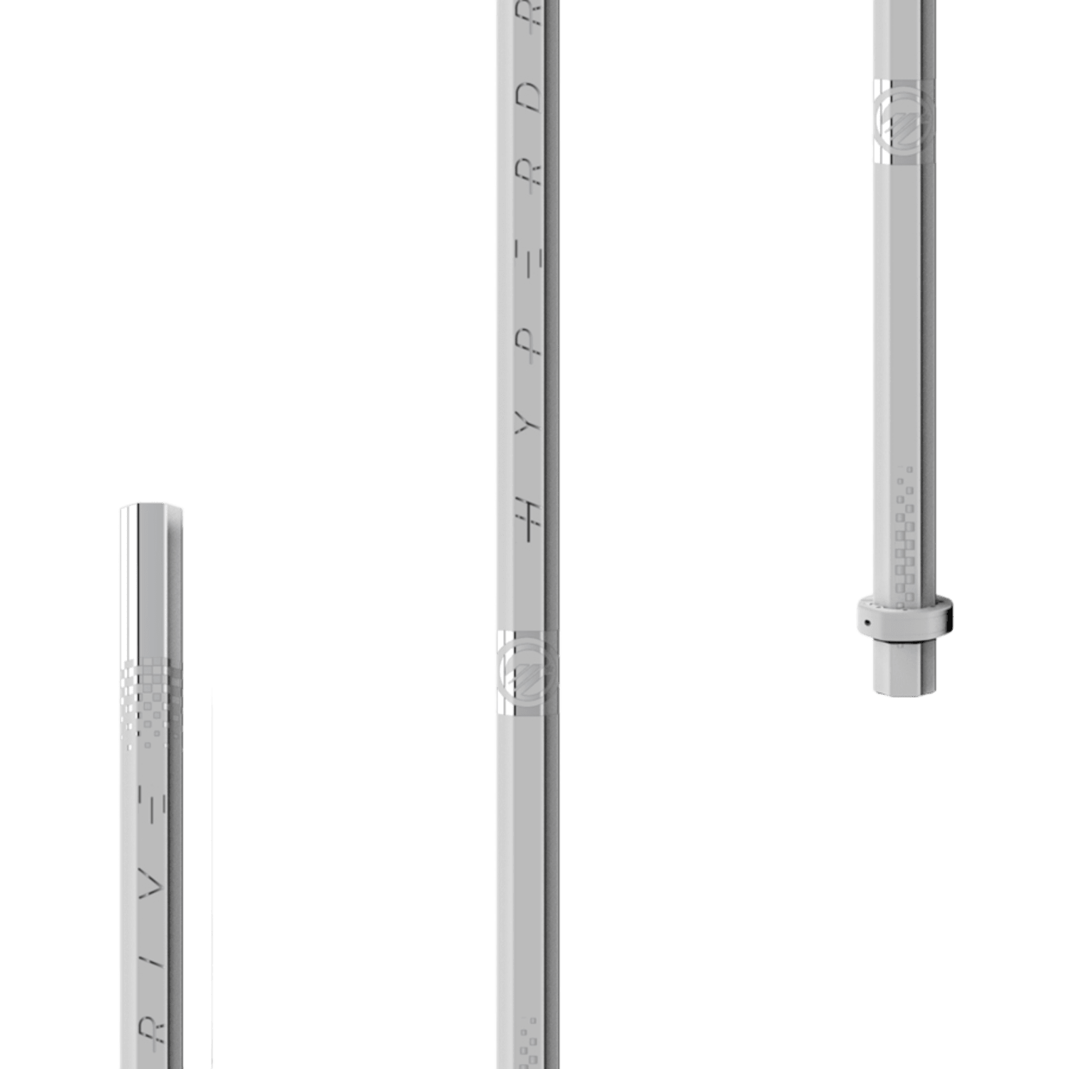 The Maverik Hyperdrive 2025 Defense Lacrosse Shaft is a sleek, minimalist white product featuring a vertical design with "HYPRD" and "RIVE" displayed vertically. It is crafted from carbon composite and boasts a smooth surface with subtle geometric patterns near the top and bottom edges, embodying the spirit of the Maverik Hyperdrive.