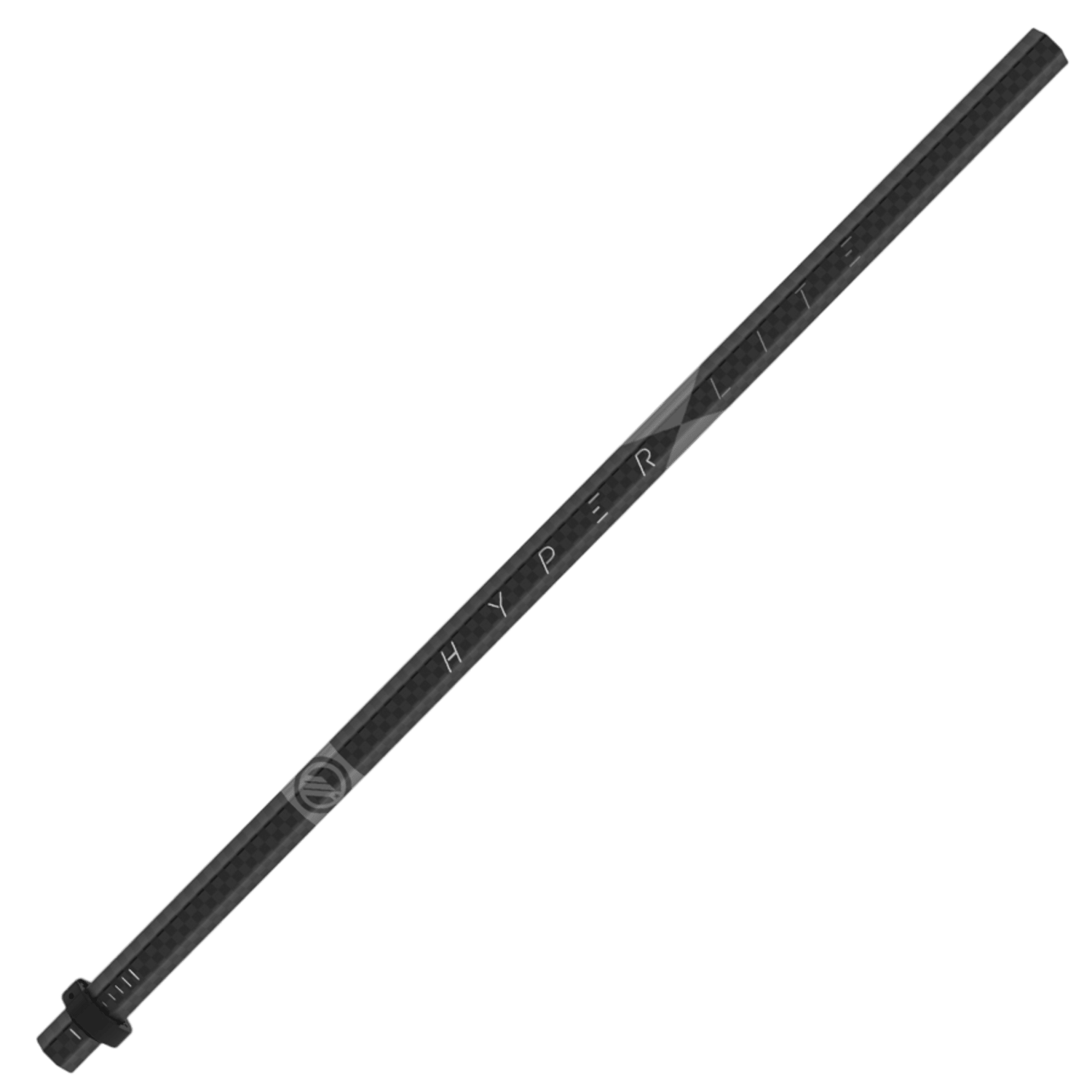 Appearing to be crafted from carbon fiber, the Maverik Hyperlite 2024 Goalie Shaft has a black cylindrical design and is marked with "Maverik Hyperlite" along its length. It also features a small circular logo set against a plain green background near one end.
