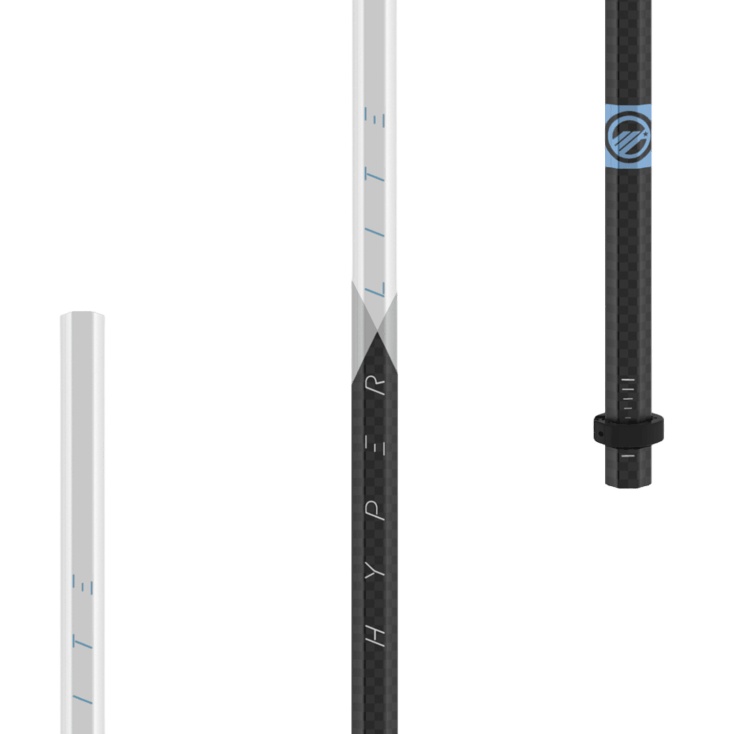 Image of three carbon fiber bow stabilizer rods, similar in style to a sleek lacrosse shaft. Two rods are white, featuring the "HYPERLITE" text commonly associated with Maverik Hyperlite gear. The third rod is black with a blue logo and includes an adjustable section.