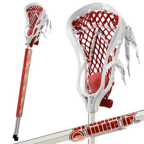 Close-up of the Maverik Juice Jr. Ministick with a striking red and white design. It showcases a Maverik head with red netting, securely cradling a red lacrosse ball. The durable aluminum shaft stands out with an impressive pattern and the Maverik branding logo.