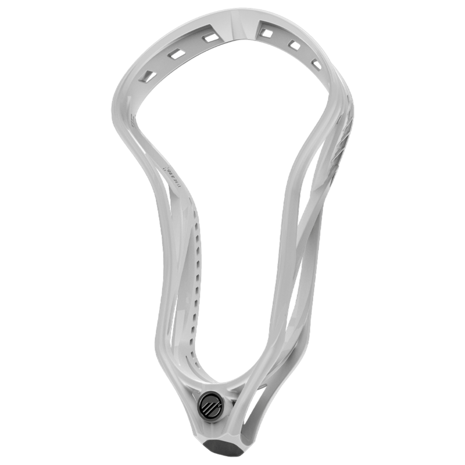 The Maverik Kinetik 3 Lacrosse Head, in white and equipped with GroundControl technology, features numerous stringing holes and a sleek modern design, presented on a transparent background.