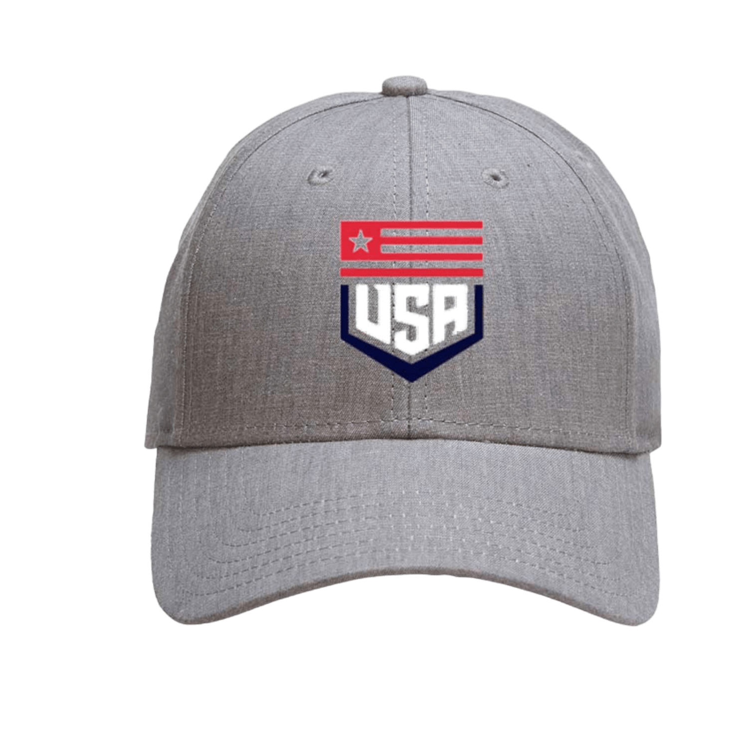 Maverik's 3002814EACH is a gray trucker hat showcasing a USA logo with a star and red stripes above bold "USA" letters, all framed in a blue pentagon.