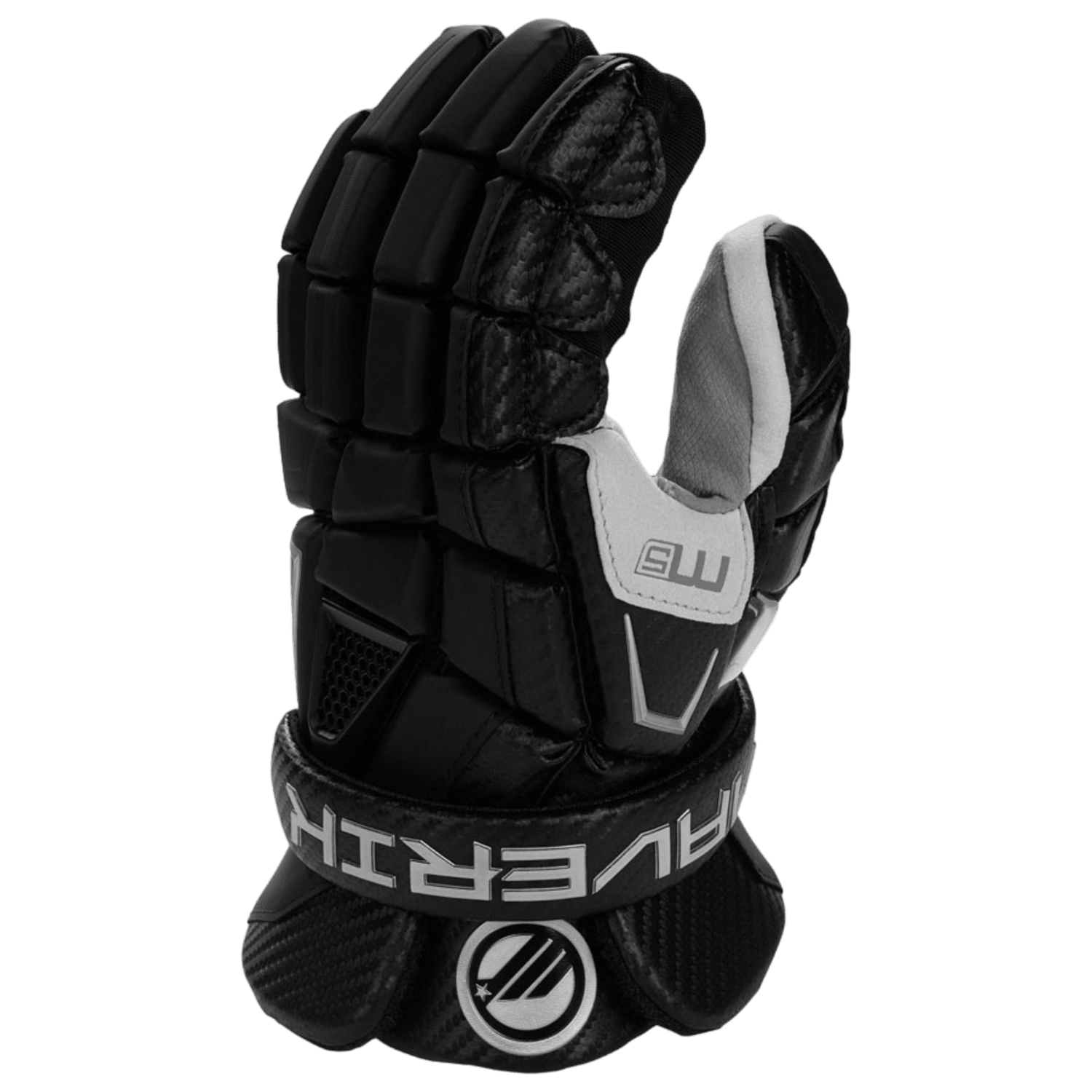 The Maverik M5 Lacrosse Gloves are black and gray, designed with reinforced padding and partially closed in a fist-like shape for protection. The wrist strap prominently displays the "MAVERIK" brand name. With a quickdry liner, these gloves are perfect for high-impact sports such as lacrosse or hockey.