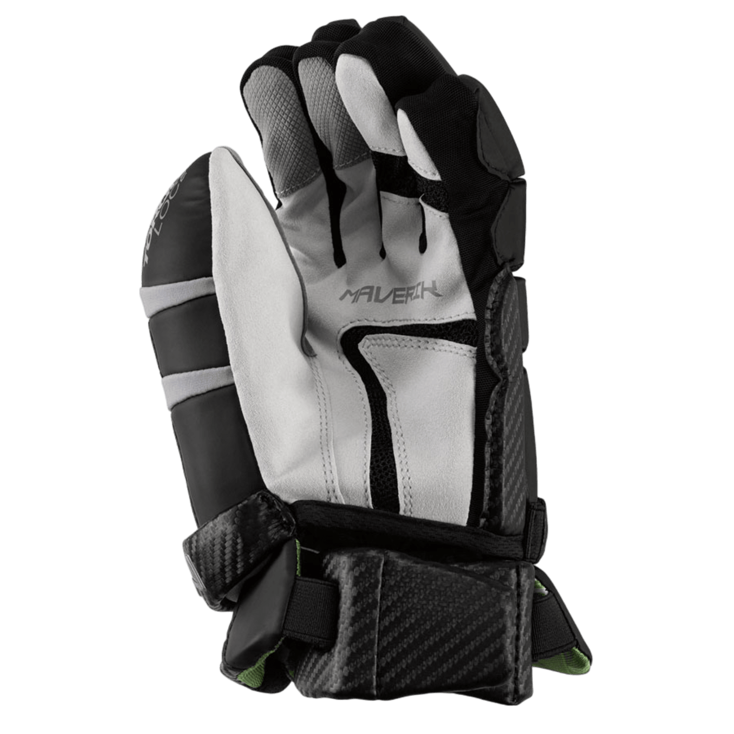 A close-up of the Maverik M5 goalie glove in black and white features padded sections, adjustable wrist straps, and displays the "Maverik" brand name on the interior. Highlighting its advanced Torqueloc 2 Design, the glove stands out against a green background.