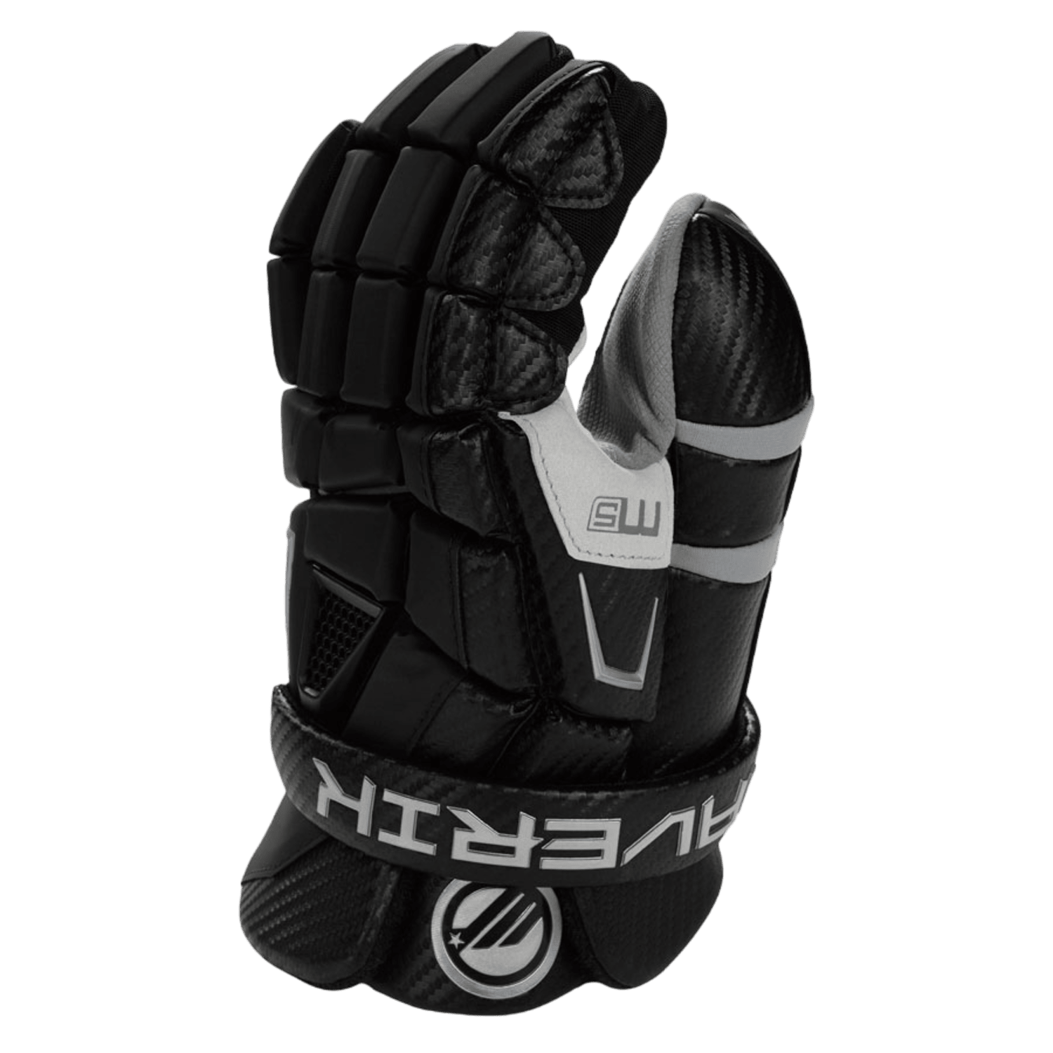 The Maverik 3003085 goalie glove, available in black and grey, is equipped with protective padding and showcases the unique Torqueloc 2 Design. The wrist strap prominently features the "Maverik" logo and provides a secure fit with AxSuede material for an excellent grip.