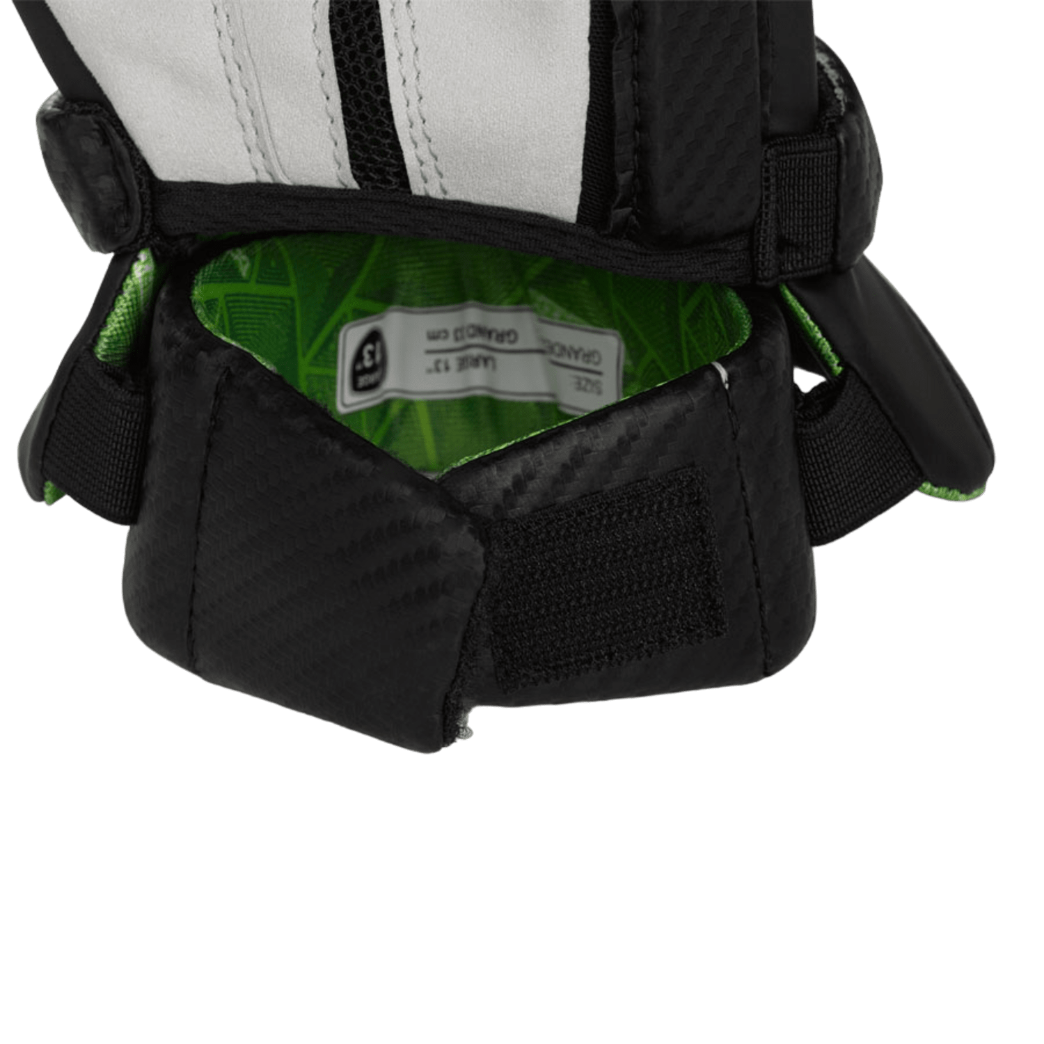 A detailed image of a Maverik M5 Goalie Glove, presented in black and white with a green interior, displays the size label "13". This glove, produced by Maverik, is designed with AxSuede material, includes a Velcro strap for secure fitment, and incorporates a mesh section to enhance ventilation.