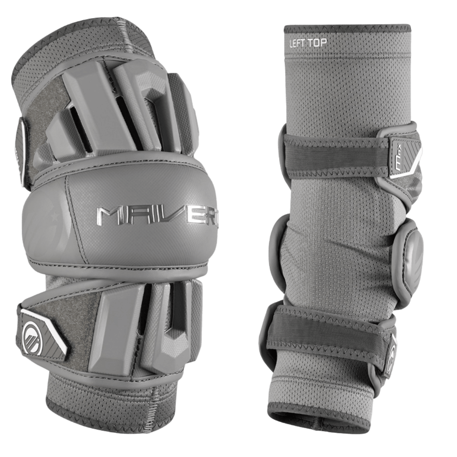 Two grey protective elbow pads are presented: one side view features padded sections and the "Maverik" brand name, emphasizing the Maverik Max 2025 Arm Pad design for improved mobility. The other shows a back view with adjustable straps and "LEFT TOP" text. Both are crafted to provide superior sports protection.