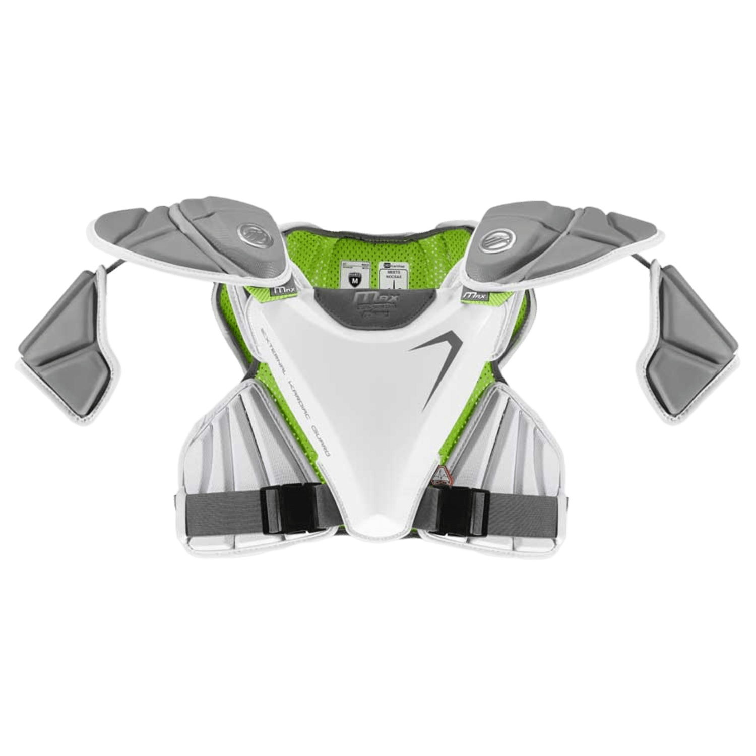 The Maverik Max EKG Shoulder Pad by Maverik is intricately crafted with white and gray hues, complemented by green accents and equipped with protective padding for both the shoulders and chest. It includes adjustable black straps to ensure a secure fit and offers heart protection during intense gameplay.