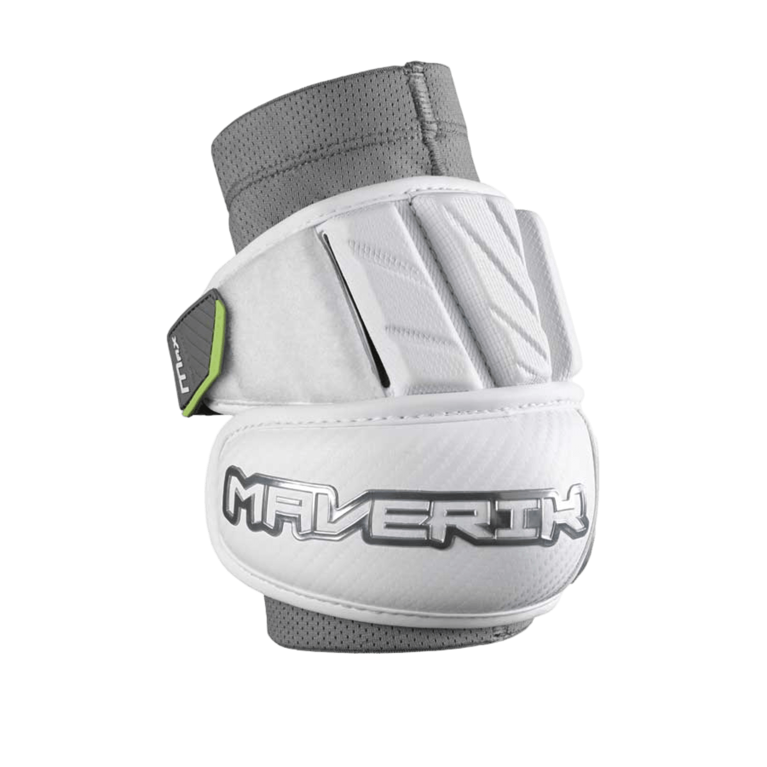 The Maverik Max Elbow Pads, crafted specifically for defensemen, boast a stylish white and gray design with the brand name "Maverik" prominently displayed. These superior elbow protectors offer excellent ventilation and an adjustable strap, all highlighted by a striking green backdrop.