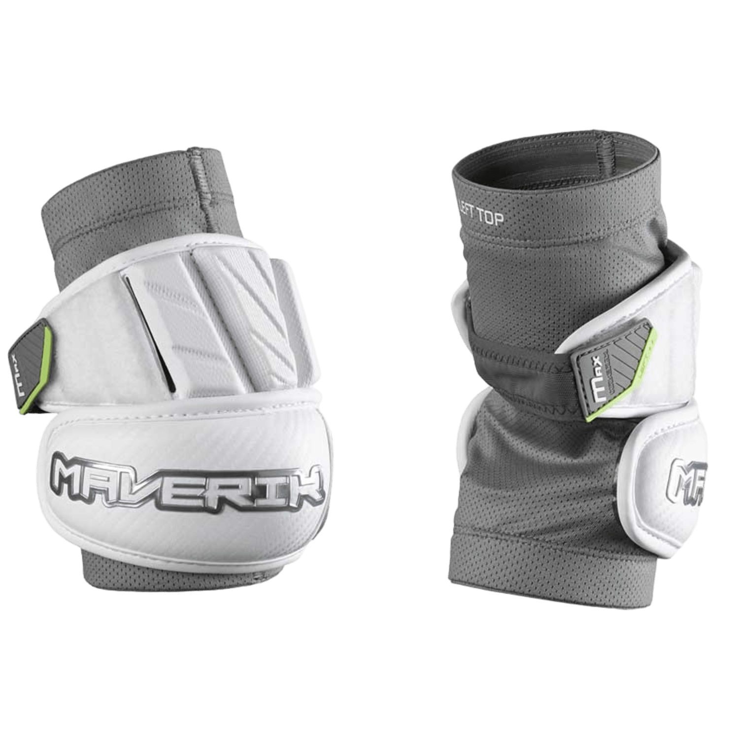 A pair of Maverik Max Elbow Pads in gray and white offers the brand's superior elbow protection. One pad presents the front view with a strap and logo, while the other shows mesh detailing, perfect for defensemen who value comfort and style.