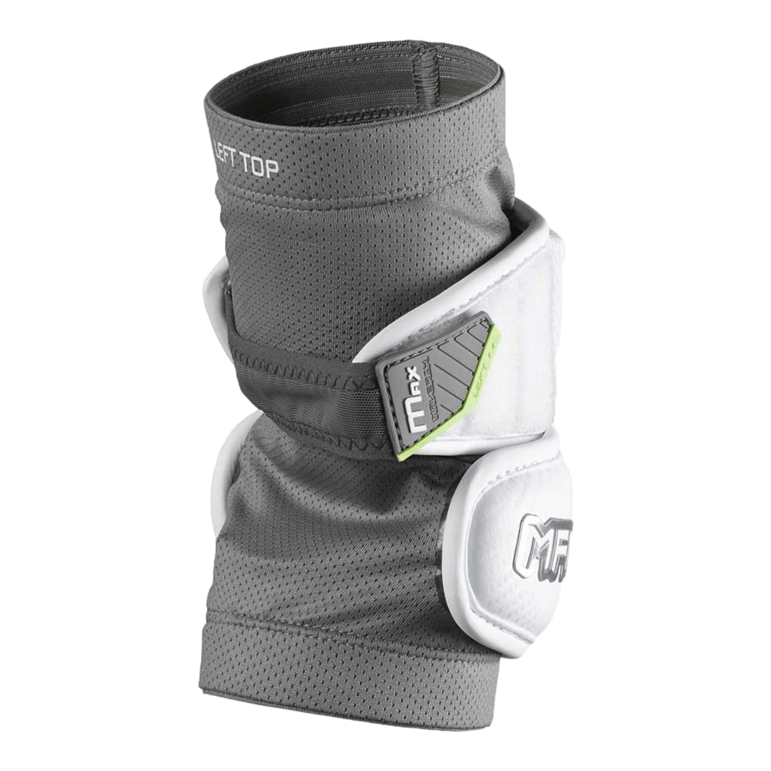 A gray and white knee brace with adjustable straps and padding showcases the text "LEFT TOP" alongside a mesh-like fabric, featuring a sleek "MF" logo, similar in design to the Maverik Max Elbow Pads by Maverik. It is perfect for defensemen looking for both style and protection.