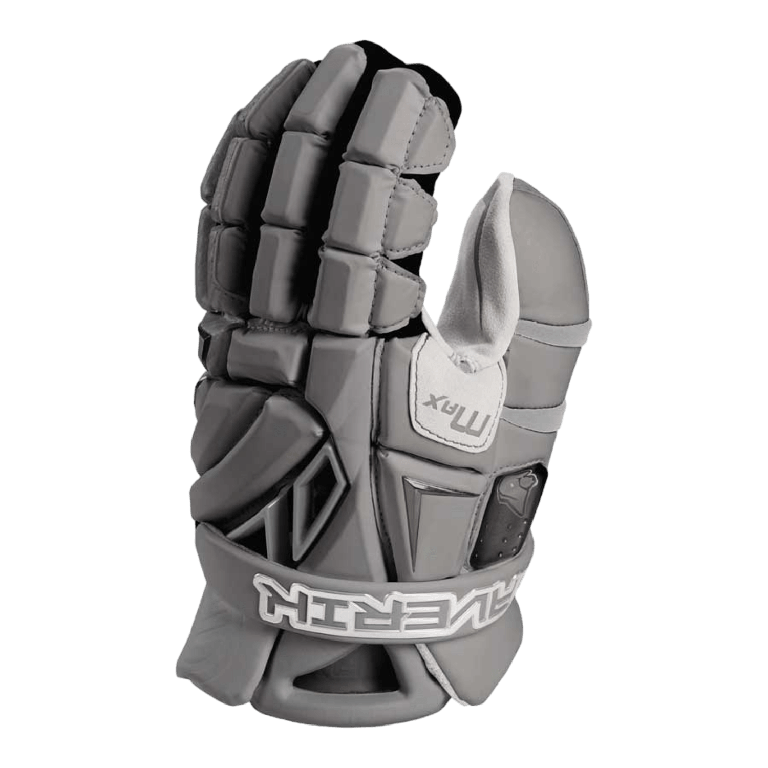 The Maverik Max 2017 Goalie Gloves, featuring a sleek gray and black design with white accents, are ideal for hockey or lacrosse. The gloves stand upright, highlighting their padded fingers and reinforced backhand. They incorporate Flowcool technology for enhanced breathability, with "Maverik" prominently displayed on the wrist.