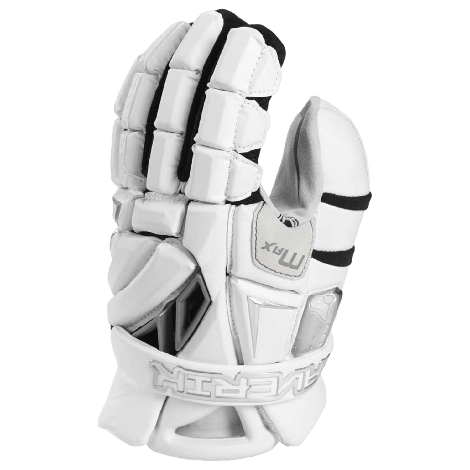 The Maverik Max 2017 goalie gloves from Maverik boast protective padding and striking black accents, ideal for sports demanding hand protection. With advanced Flowcool technology, these gloves maintain optimal coolness during intense play, all beautifully displayed against a plain background.