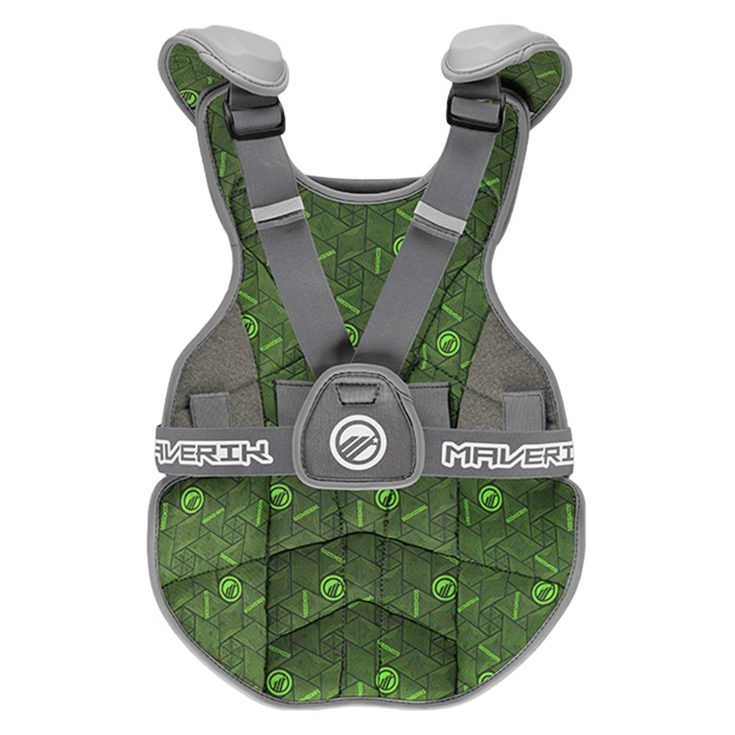 The Maverik MX EKG Goalie Chest Pad features green and gray colors with geometric patterns and a central circular logo. It is equipped with EKG protection and meets the NOCSAE Performance Standard ND200, with the brand name "Maverik" displayed on the straps.