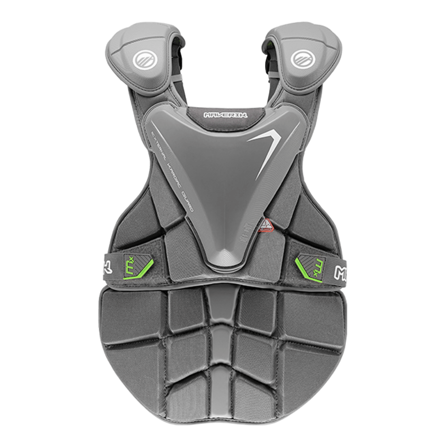 The Maverik MX EKG Goalie Chest Pad, offered by Maverik, is a gray padded chest protector equipped with shoulder guards for enhanced safety and impact absorption. It complies with the NOCSAE Performance Standard ND200 and features green accents along with branding logos. The chest pad has a sleek, ergonomic design with segmented padding to ensure flexibility and comfort, making it ideal for goalies.