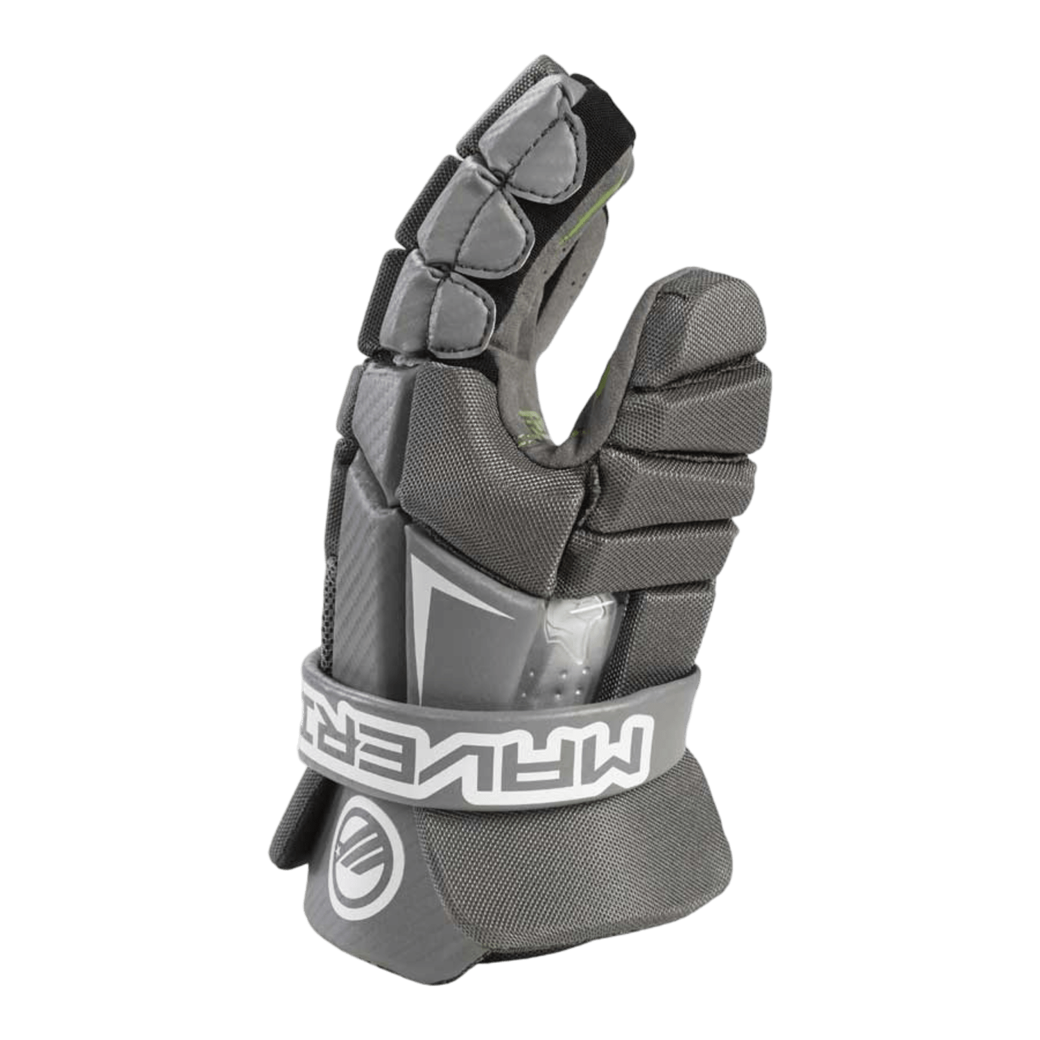 The Maverik MX 2022 Lacrosse Gloves in gray and black stand upright with a partially open hand. They are equipped with padded fingers and knuckles for impact protection, ideal for lacrosse players. The strap prominently showcases the brand name "Maverik," combining style with functionality.