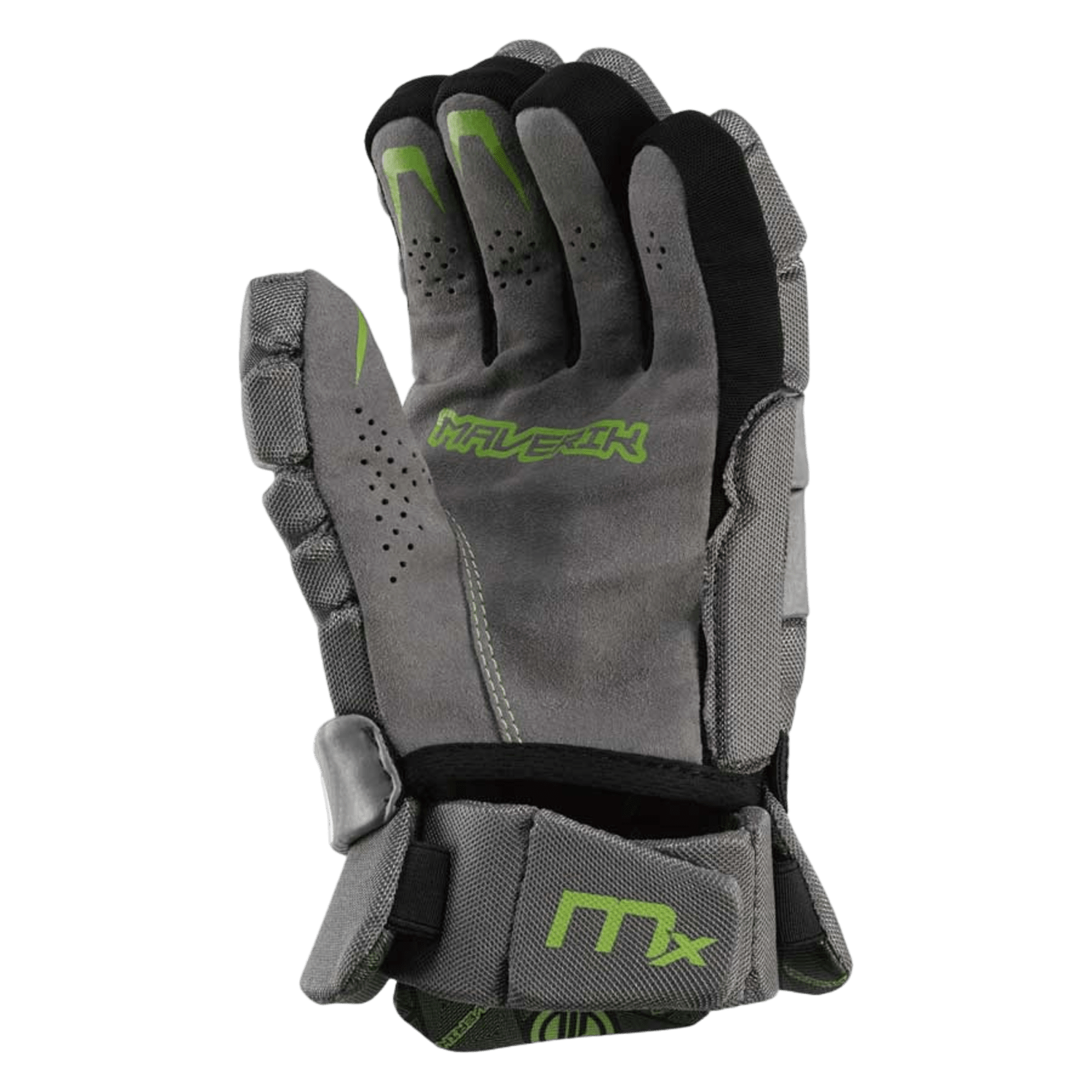 A close-up image features the Maverik MX 2022 Lacrosse Gloves in gray and black with green accents, highlighted by a Velcro strap at the wrist. The words "Havoc" and "MTx" are emblazoned, catering to lacrosse players seeking durability and impact protection.