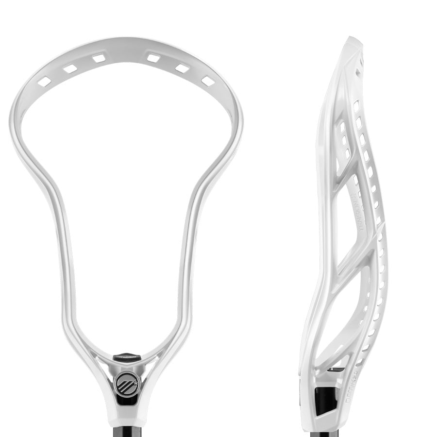 Two views of the Maverik Optik 2 Lacrosse Head in white are shown: front and side. This Maverik head features a streamlined design with stringing holes along the edge and a screw at the base for easy shaft attachment. The lightweight construction is evident from the side profile.
