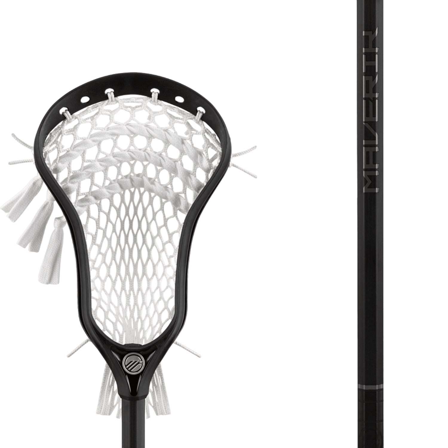 Close-up of a Maverik 3003304EACH lacrosse stick showcasing a black shaft and featuring a white netted head. The shaft prominently bears the "Maverik" logo in bold, white text. This complete stick, with its well-secured netting and strong strings, is set against a white background, poised for action.