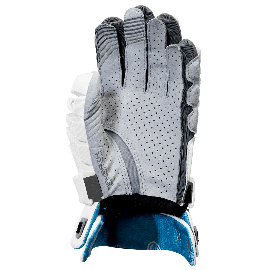 The Maverik Shift Lacrosse Gloves, by Maverik, showcase a gray and black design with perforations for improved breathability. They are enhanced with Power Flex Technology and feature white padding for protection along with a blue interior lining. Elite Mobility ensures top-notch performance on the field, all set against a plain background.