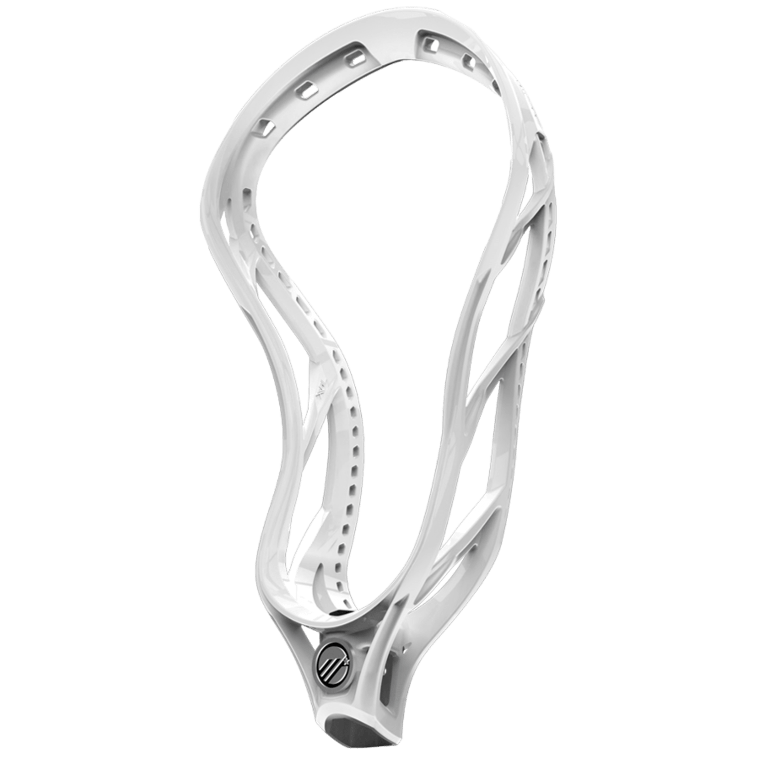 The Maverik Tactik 3.0 Lacrosse Head, in white, features numerous stringing holes for personalized stringing options and has the brand logo near the throat. Its sleek and modern design includes a slightly curved top and a tapered bottom, enhanced by ControlCore Technology for maximum agility and control.