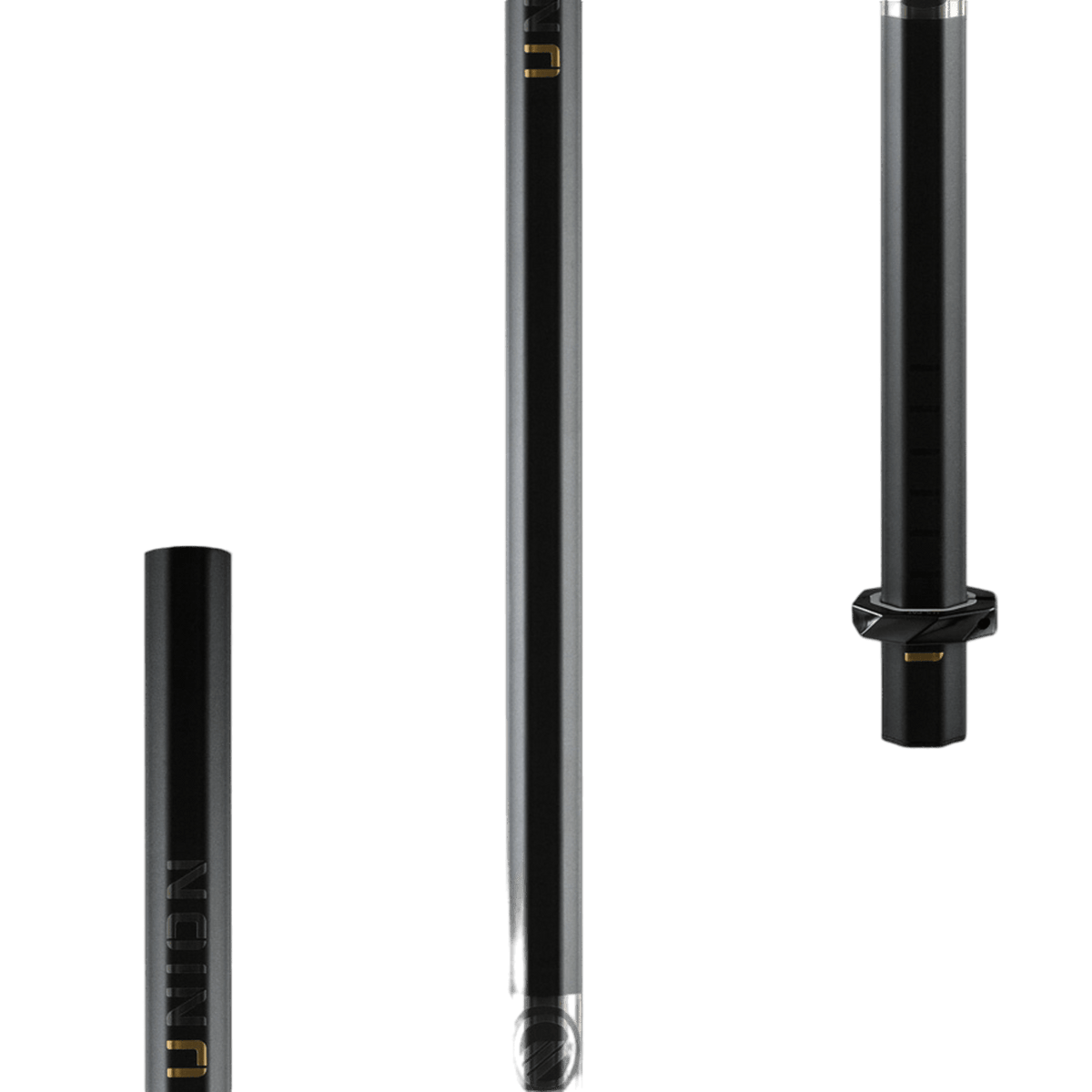 Three black cylindrical objects, crafted from military-grade alloy, are vertically arranged against a plain background. The one on the left has a gold logo, the middle is sleek and straight, and the one on the right features a wider tip with geometric details reminiscent of Maverik's Maverik Union 2022 Lacrosse Shaft.