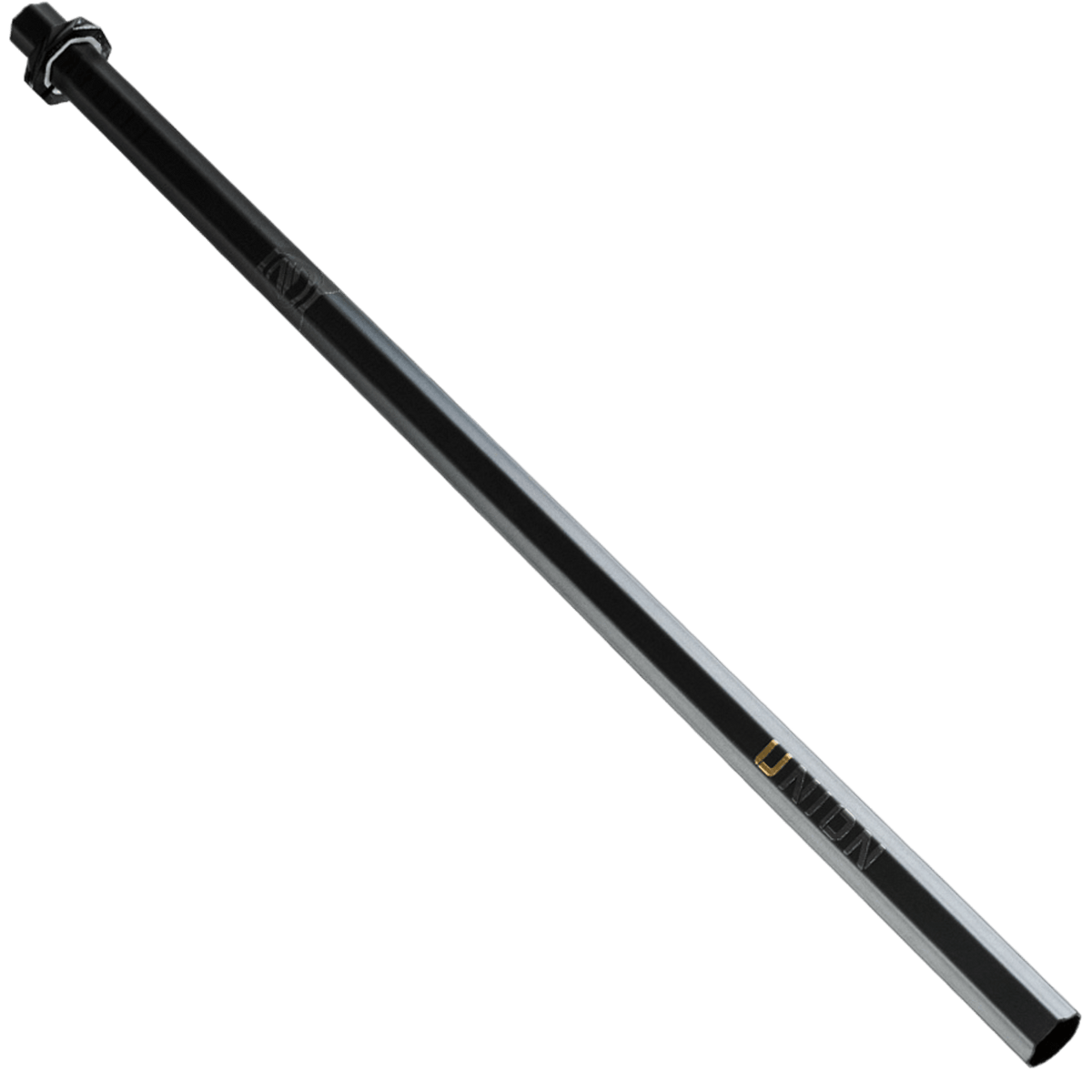 A Maverik Union 2022 Lacrosse Shaft, made from a military-grade alloy and designed for secure mounting with a clamp at one end, is set against a plain white background.