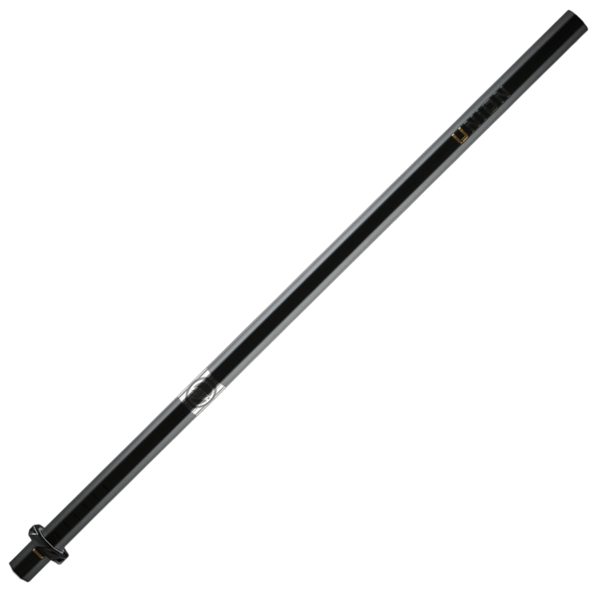 A black, elongated lacrosse shaft resembling a flute, positioned diagonally against a plain background. Manufactured from military-grade alloy, the Maverik Union 2022 Lacrosse Shaft showcases a shiny surface with a few noticeable metal components along its length.