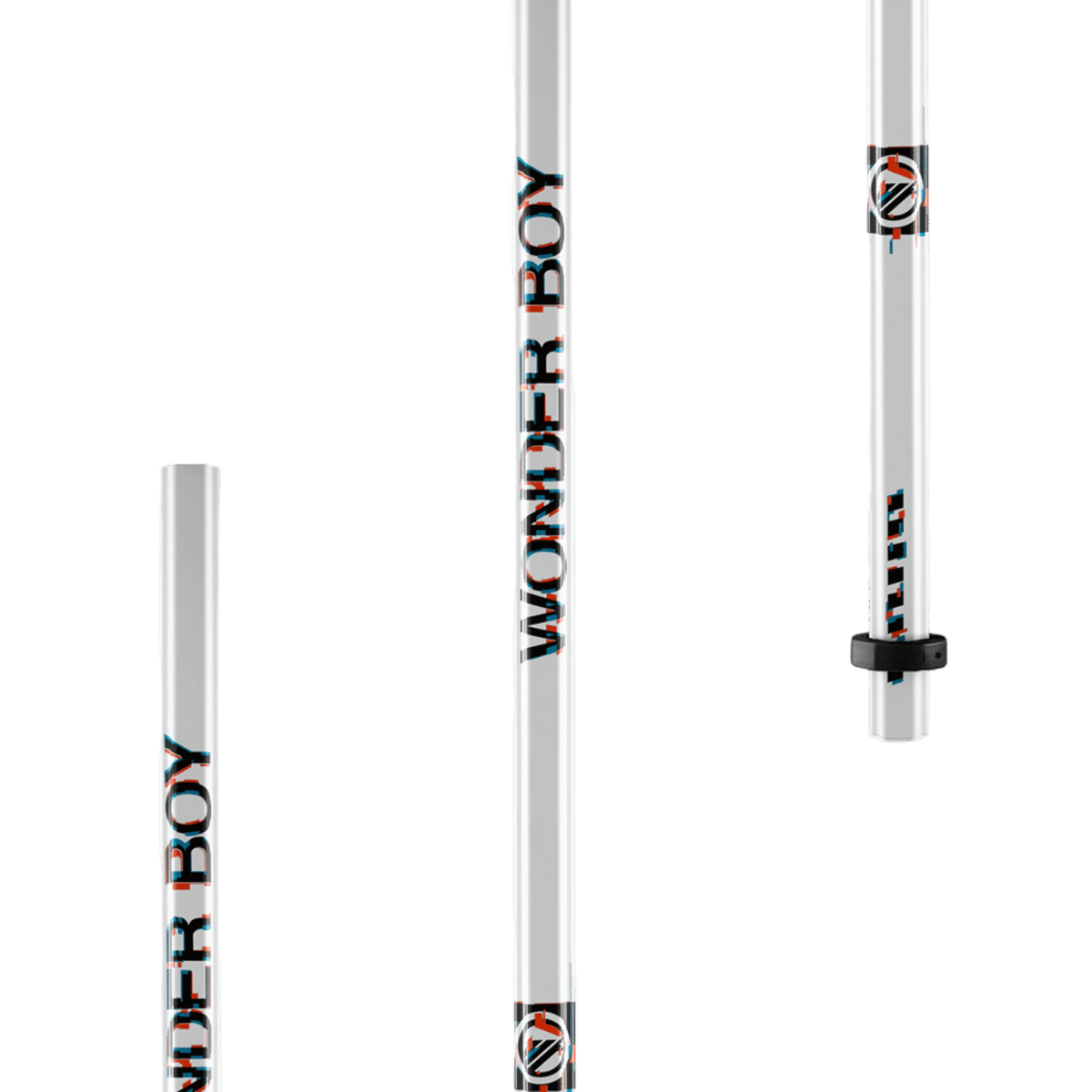 The Maverik Wonderboy Defense Lacrosse Shaft is a lightweight, white collapsible stick that features bold black "WONDER BOY" lettering on two sections and a durable black adjustable band, inspired by lacrosse shafts.