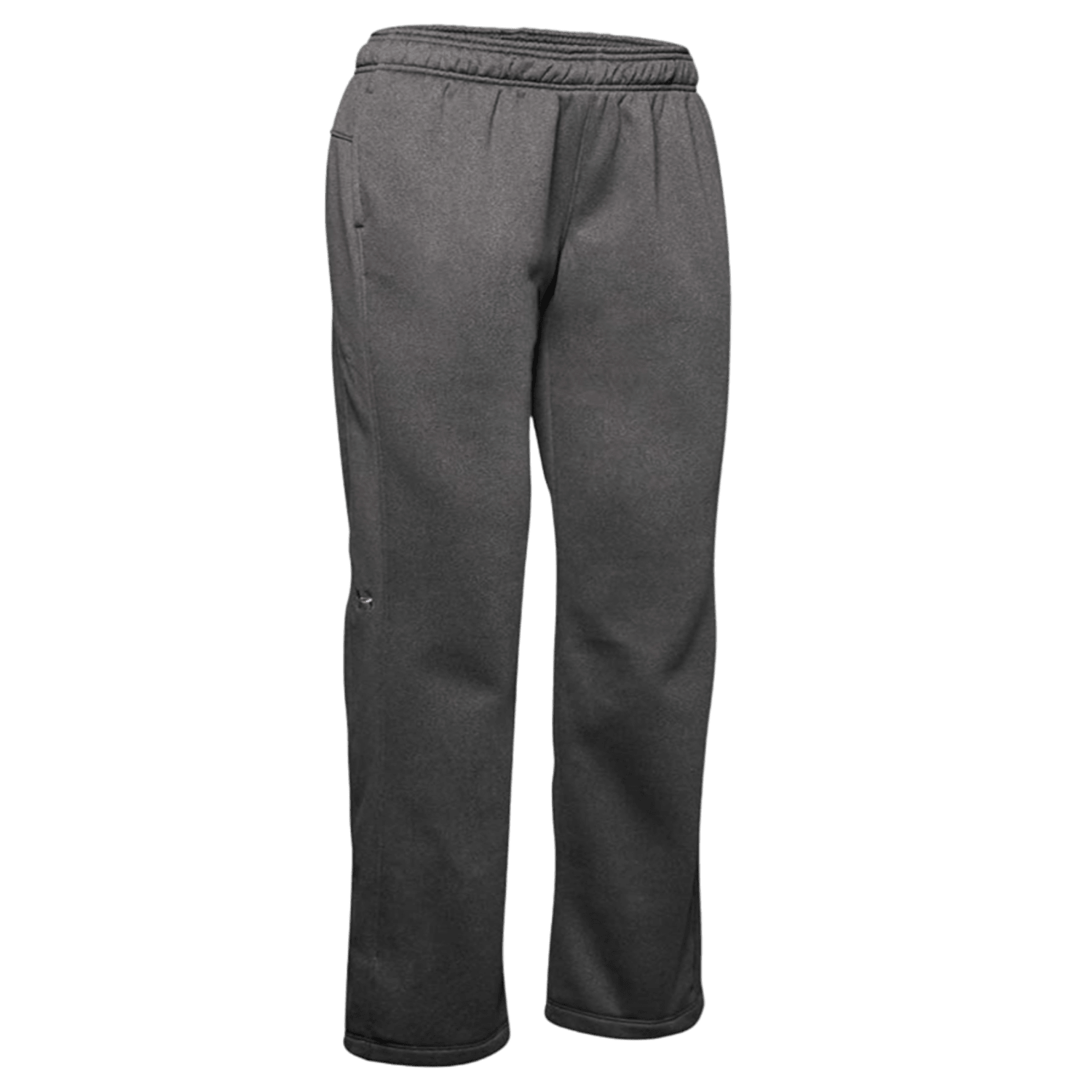 A pair of UA Double Threat Armour Fleece Pants by Under Armour, featuring a dark gray color with elastic waistband and straight legs, showcased against a plain background. These pants have subtle stitching details that reflect team spirit and are crafted from a soft, comfortable material.