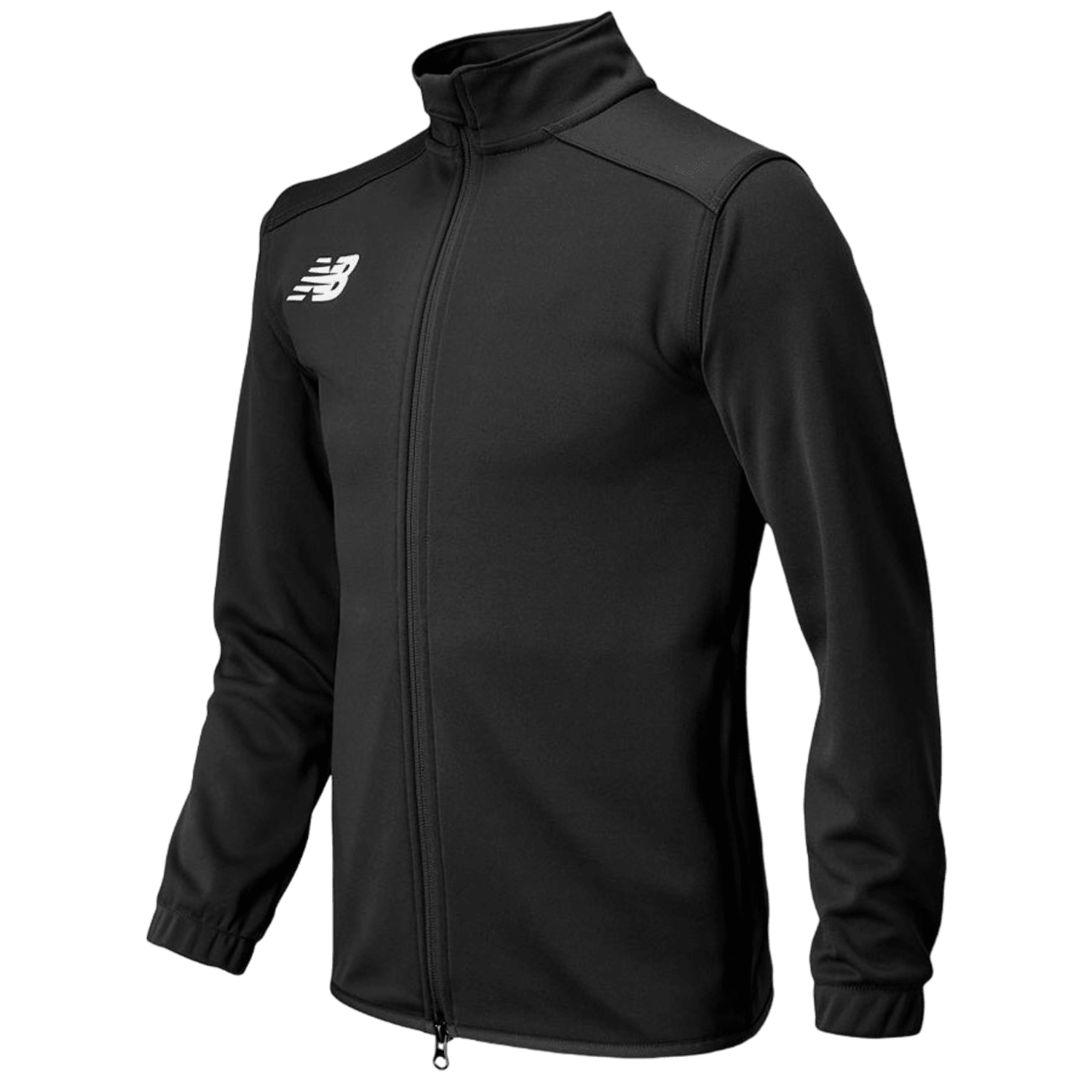 Introducing the New Balance TMMJ599: a black athletic jacket designed with a high collar and full zipper. Made from Polyknit material, this jacket ensures comfort while featuring a white logo on the left chest. It comes with elastic cuffs and an Athletic Lacrosse fit, ideal for dynamic movements.