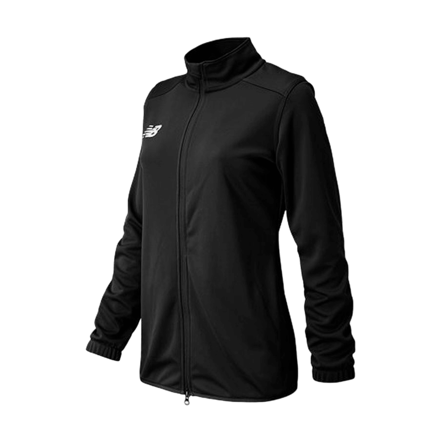 New Balance's TMWJ599 is a black athletic jacket featuring a full front zipper and high collar. It has long sleeves, a fitted shape, and showcases a discreet white logo on the chest, all set against a plain background.