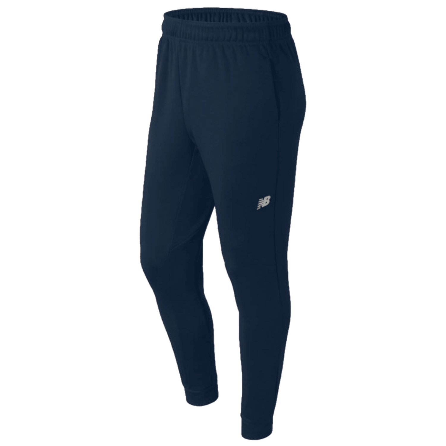 The New Balance Athletics Pants in navy blue showcase an athletic fit design with a stretchy cotton fabric, an elastic waistband, and the renowned New Balance logo on the left thigh.