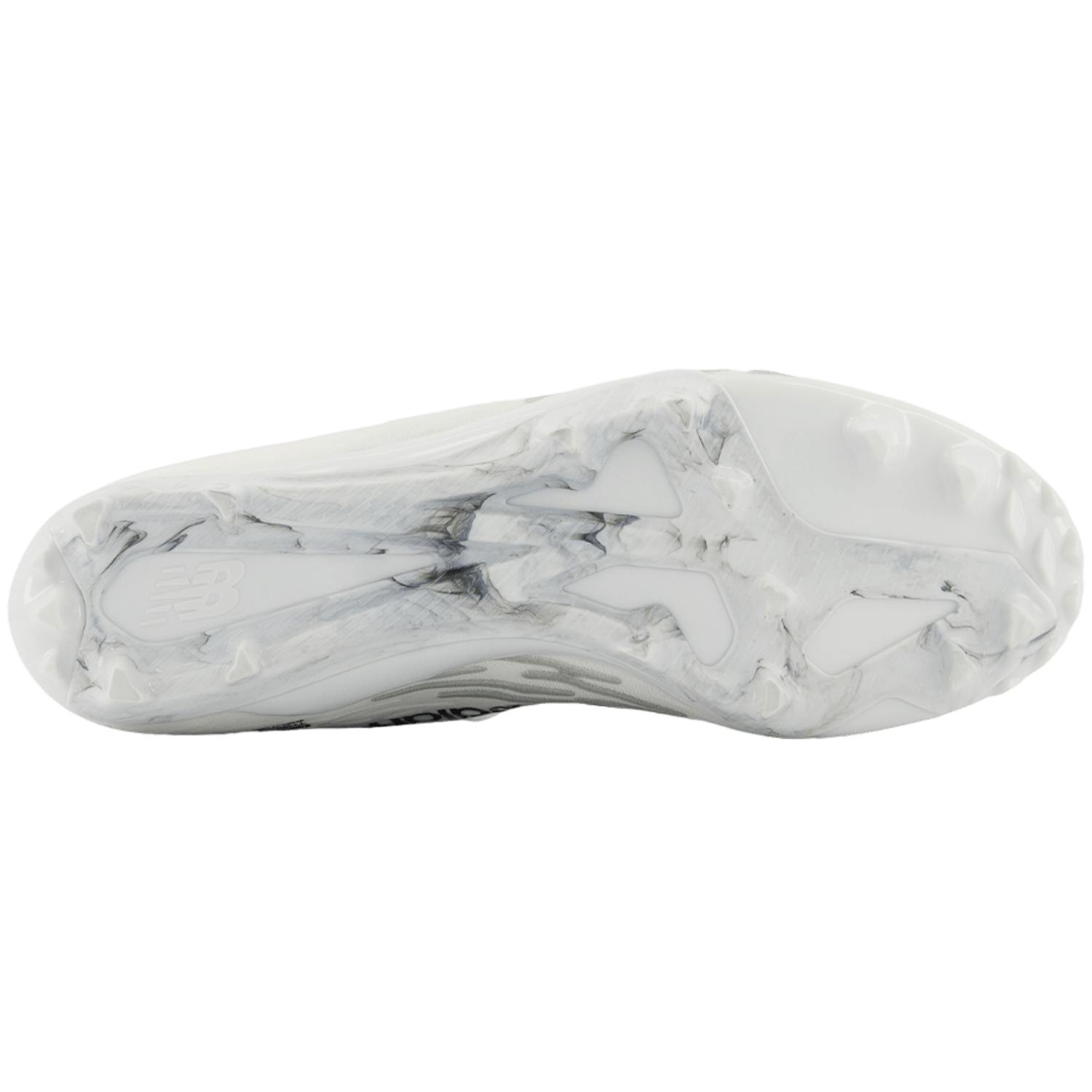 The image showcases the sole of a New Balance BURNXLW3 lacrosse cleat, featuring hexagonal grip patterns and spikes. Designed with a mix of smooth and ridged textures enhanced by Kinetic Stitch technology, it ensures optimal traction on the field.