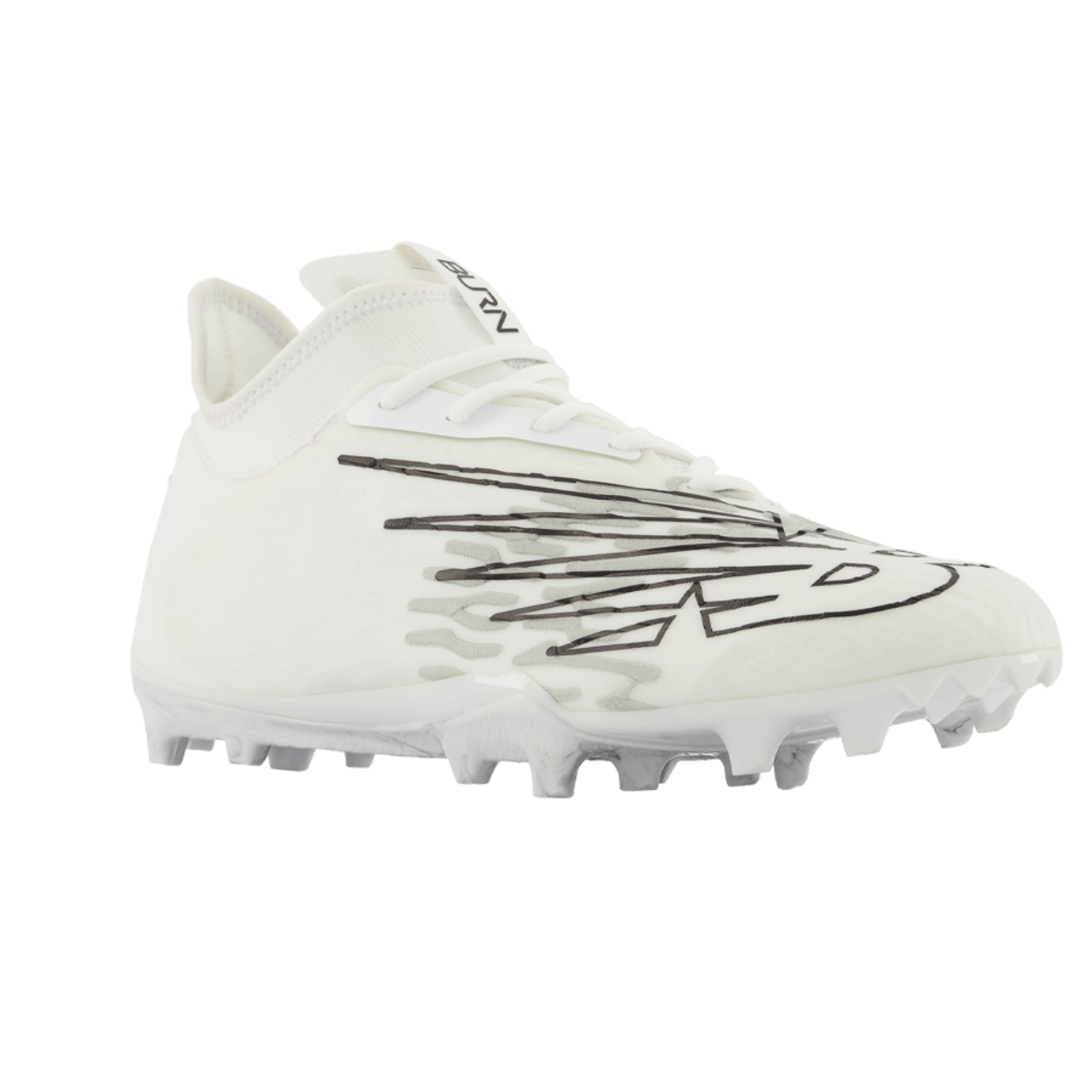 The New Balance Burn X3 Cleats, available in white, feature Kinetic Stitch technology and display black and gray abstract designs along the sides. Their rugged sole with multiple spikes ensures excellent traction, while the lace-up closure offers a secure fit. The innovative design is enhanced by TPU molded elements for added durability.