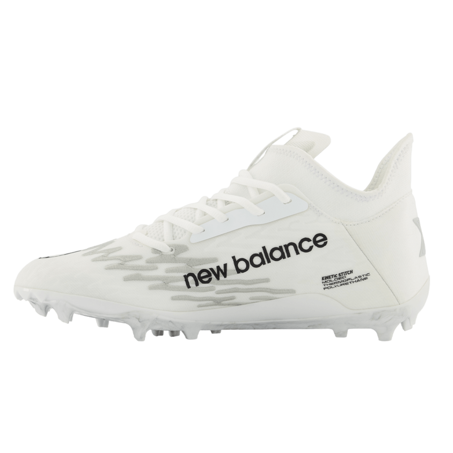 The New Balance Burn X3 Cleats in white feature black text on the side and are equipped with Kinetic Stitch technology to ensure precision. They have a textured design with angular patterns, and their TPU molded construction includes studded soles for improved traction.