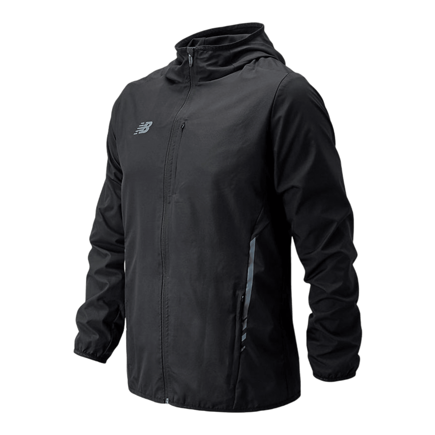 The New Balance MJ832006 is a black hooded jacket featuring a zipper and an athletic logo on the chest. It has long sleeves with elastic cuffs and is adorned with small reflective strips, making it ideal for core training. The design is simple and sporty.