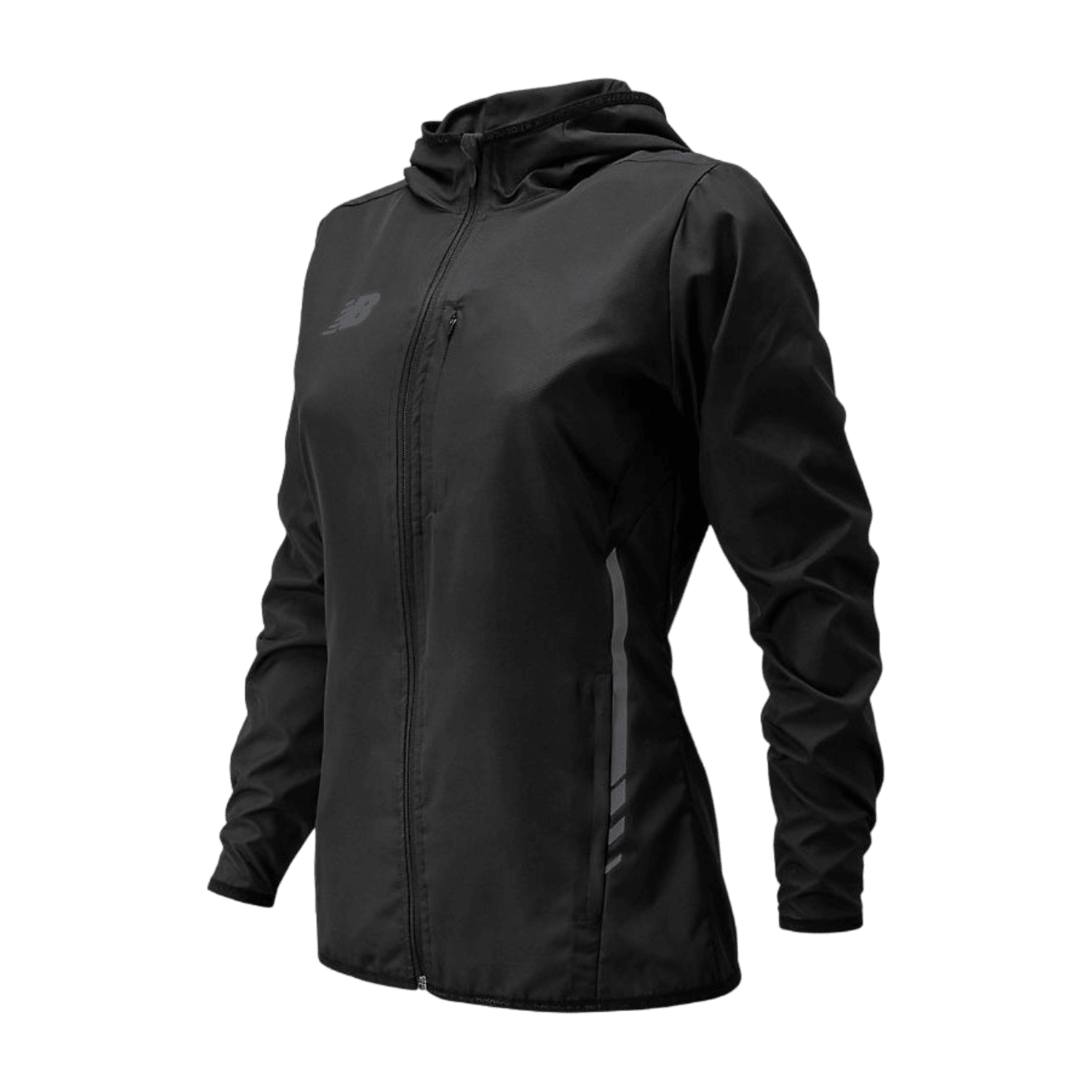 Introducing the New Balance WJ832006, a sleek women's rain jacket. Designed with a black hood and long sleeves, this sports jacket features a convenient front zipper. Subtle brand detailing can be seen on the chest, complemented by light gray accents along the sides, making it ideal for core training. Displayed against a plain background, this piece offers both style and functionality.