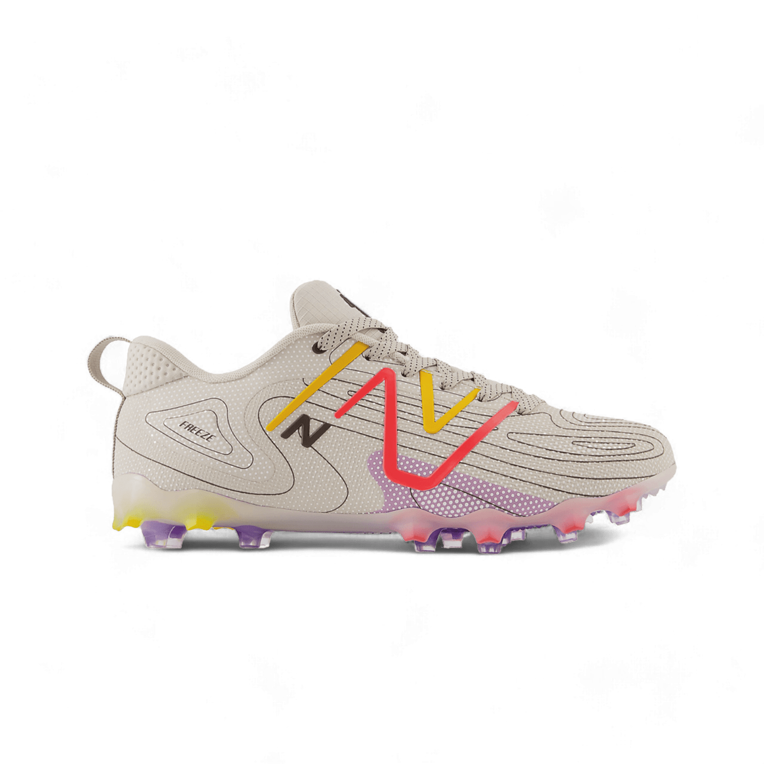Presenting the limited edition New Balance Freeze LX 4 Low Cleats - LE, a chic lacrosse cleat featuring a light beige upper complemented by dynamic gradient stripes in pink, yellow, and purple. The matching sole color scheme ensures optimal traction on the field.