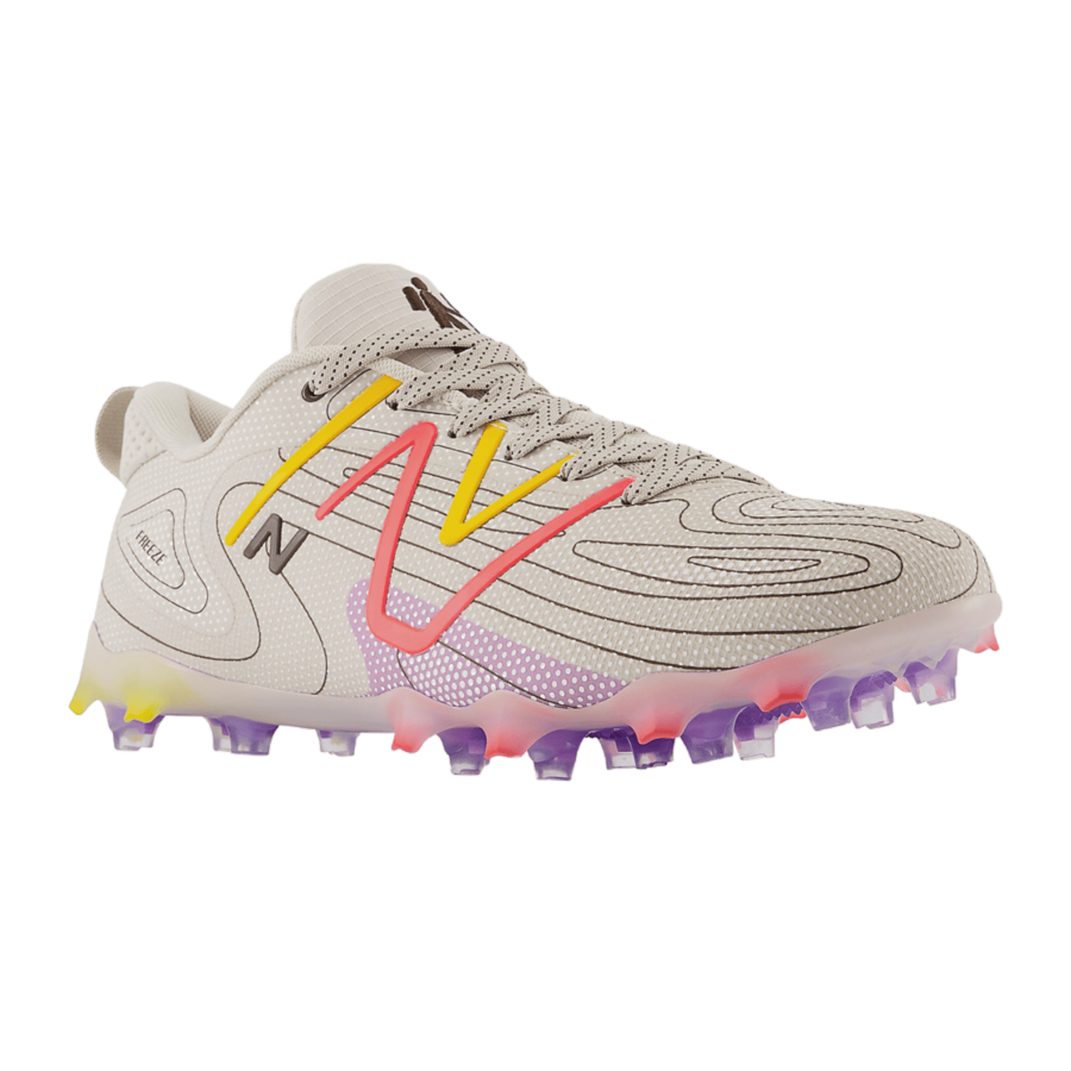 Introducing the Limited Edition New Balance Freeze LX 4 Low Cleats, a beige athletic shoe accented with vibrant red and yellow, featuring a unique wavy design on the sides. The sole boasts a gradient of purple and yellow cleats, making it ideal for sports like soccer or lacrosse.