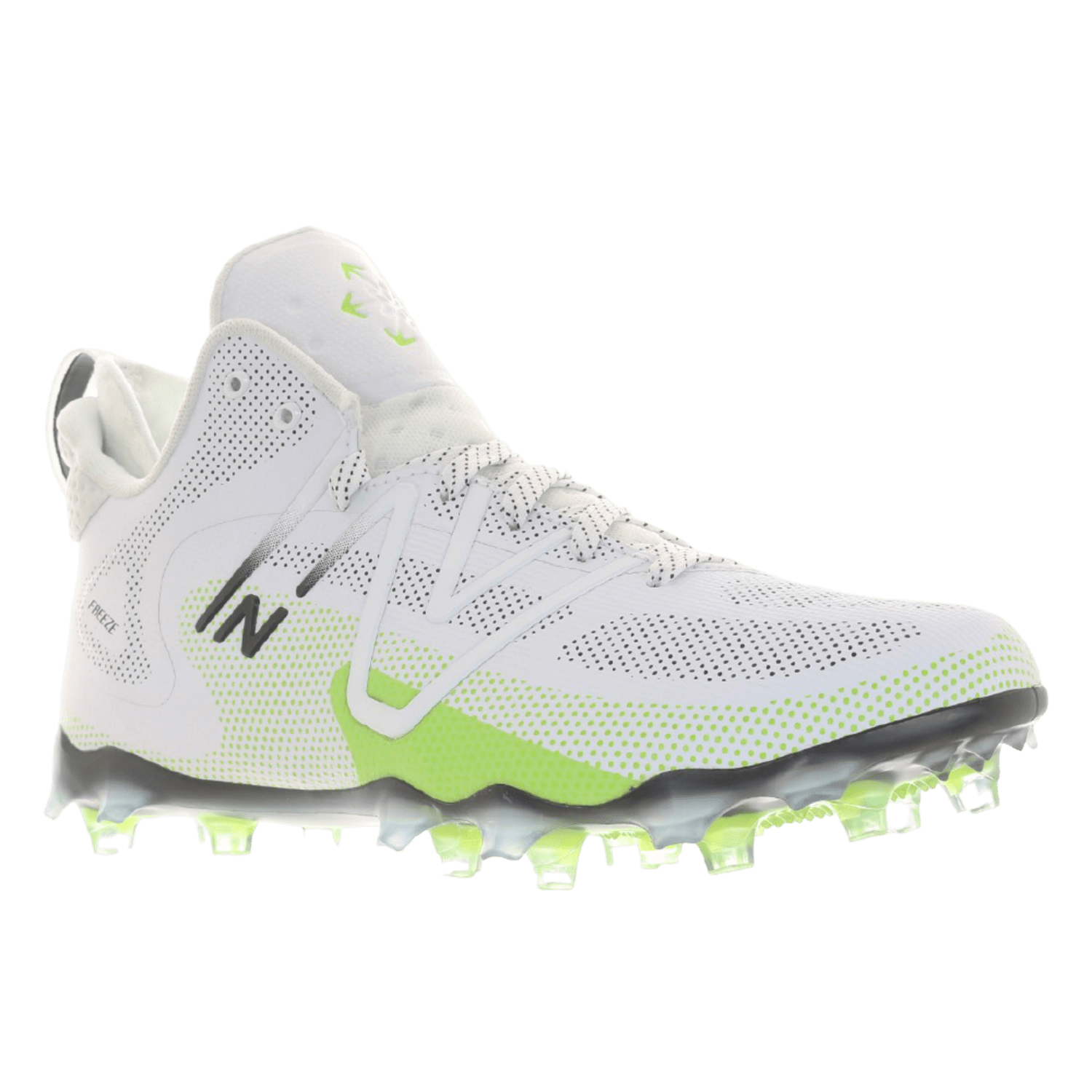 The New Balance Freeze LX 4 Mid Cleats - LE Neon showcase a white and neon green design with perforations. Equipped with laces, a spiked sole for enhanced traction, and featuring the innovative QUIX outsole, these mid-top cleats offer superior ankle support for optimal athletic performance on grass surfaces.