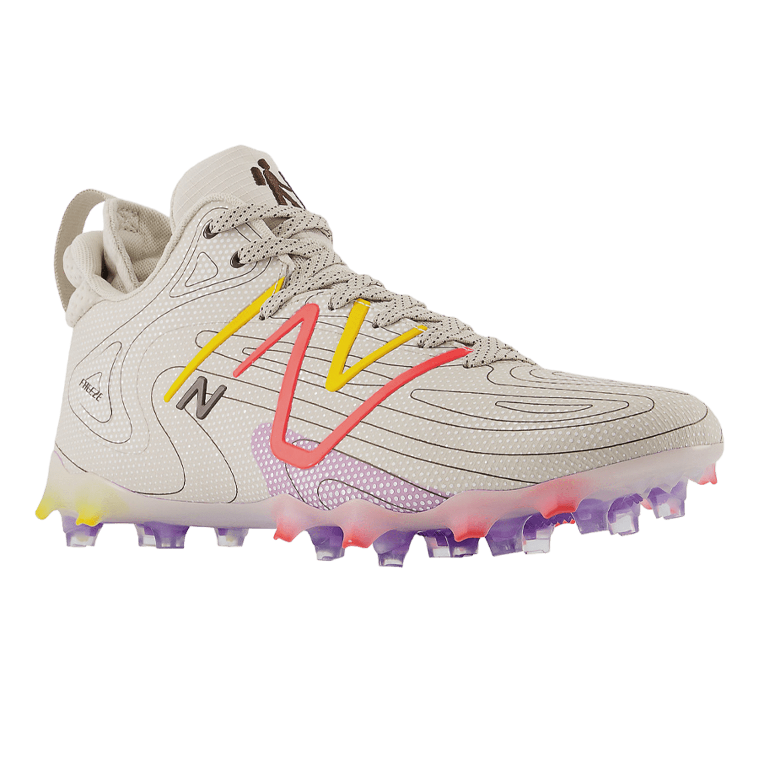 Introducing the New Balance Freeze LX 4 Mid Cleats - LE, a limited edition lacrosse cleat in beige featuring textured patterns and striking red and yellow side stripes. The sole showcases a captivating gradient from yellow to purple, ideal for making a statement on the field.