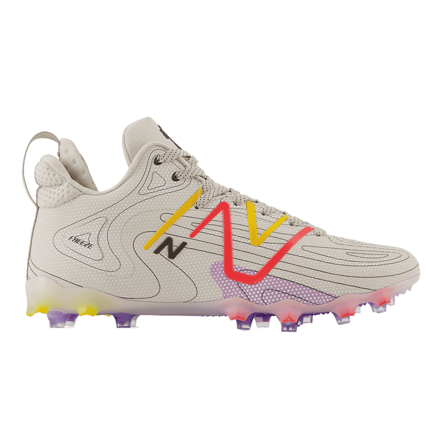 Introducing the limited edition New Balance Freeze LX 4 Mid Cleats - LE, a stylish white athletic shoe designed with a vibrant red and yellow pattern on the sides. The textured surface and translucent sole adorned with purple and yellow accents make it perfect for standing out on the lacrosse field.
