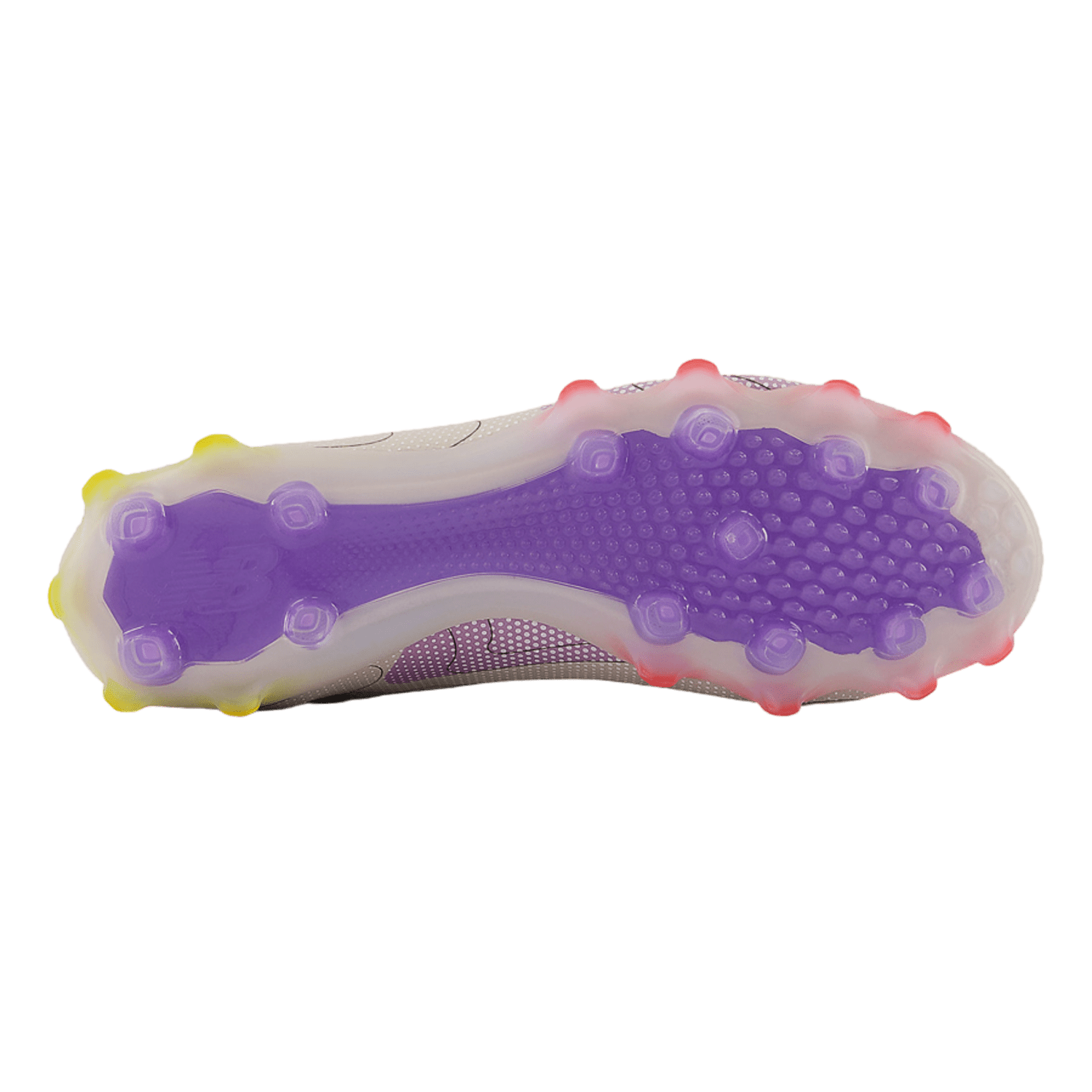 The image displays the sole of a limited edition freezle4 soccer cleat by New Balance with a vibrant purple base. The multicolored studs blend from yellow to orange and pink along the edges. Inspired by the New Balance Freeze LX 4, it boasts a textured grip pattern for improved traction.
