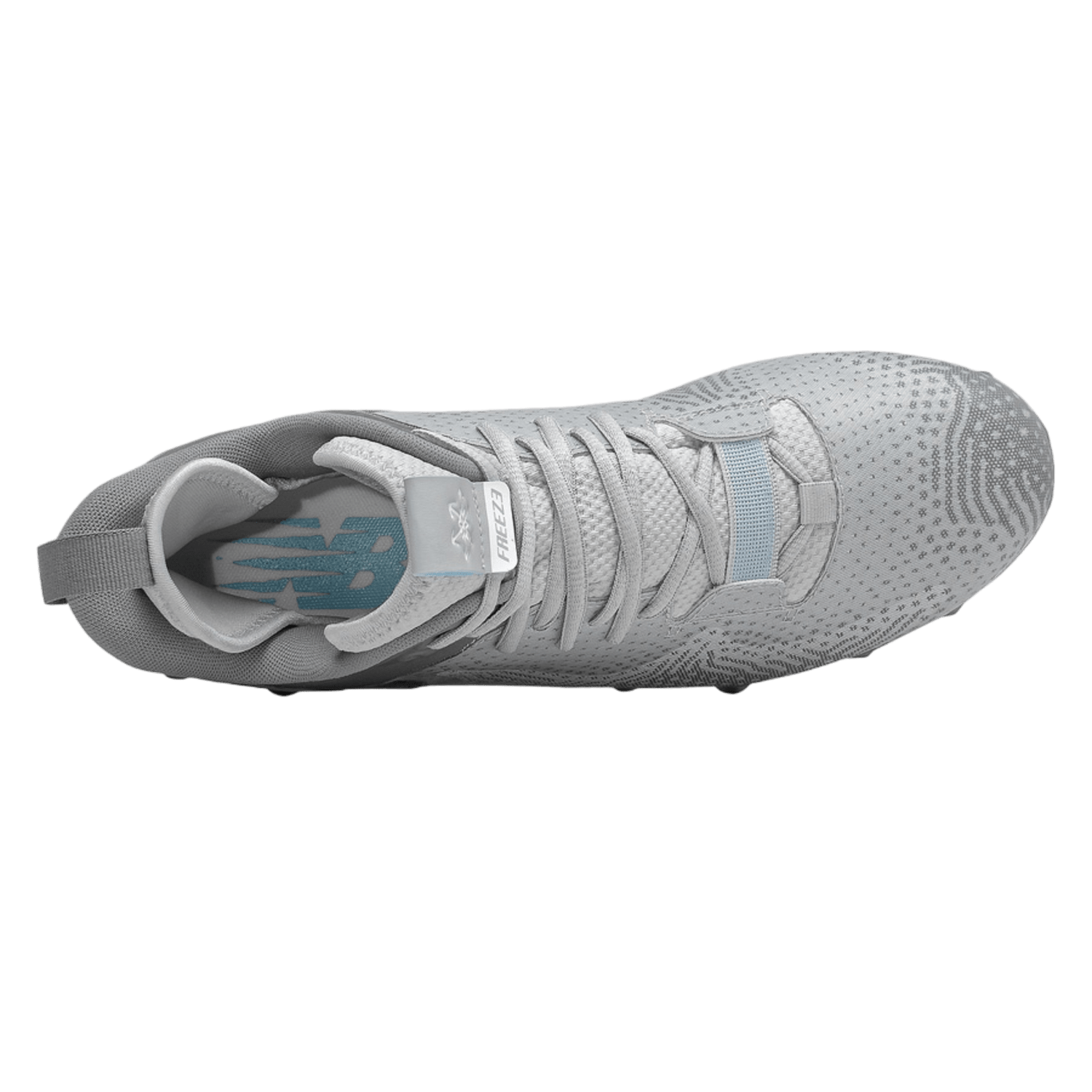 Top view of the New Balance Freeze LX 3 Mid Cleats in gray, showcasing a knitted texture, white laces, and a pull tab at the heel. The interior features a patterned blue insole, while Quixrail outer lugs ensure superior traction.