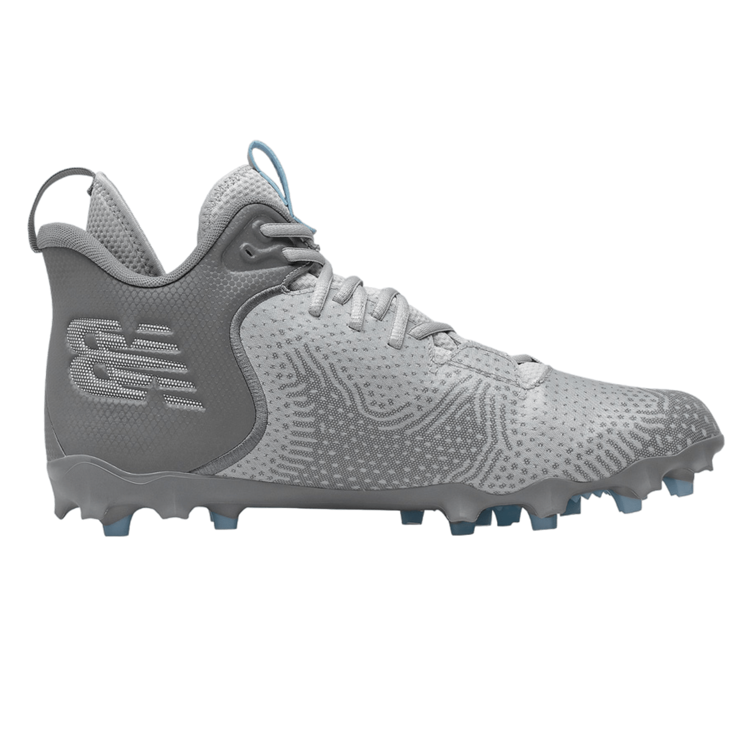 The New Balance Freeze LX 3 Mid Cleats in gray offer a sleek design with intricate patterns and light blue accents on the sole, crafted for grip and comfort on the field. Ideal as lacrosse cleats, these shoes are equipped with Quixrail outer lugs to provide exceptional traction during intense play.