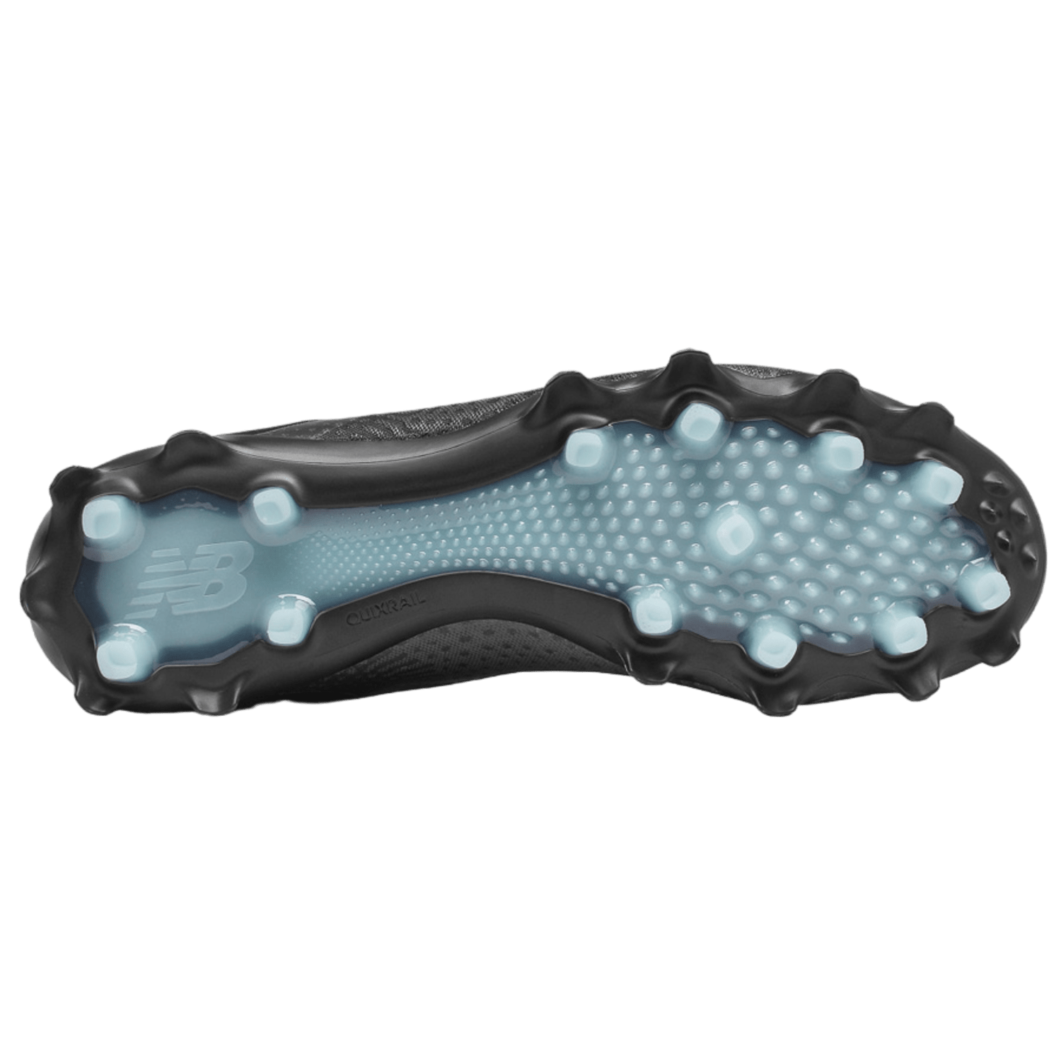 The image features the sole of the New Balance Freeze LX 3 Low Cleats - Black, highlighting black and light blue studs that combine conical and bladed shapes. The New Balance logo stands out on the sole, designed to provide optimal traction on firm ground surfaces, similar to those found in lacrosse cleat designs.