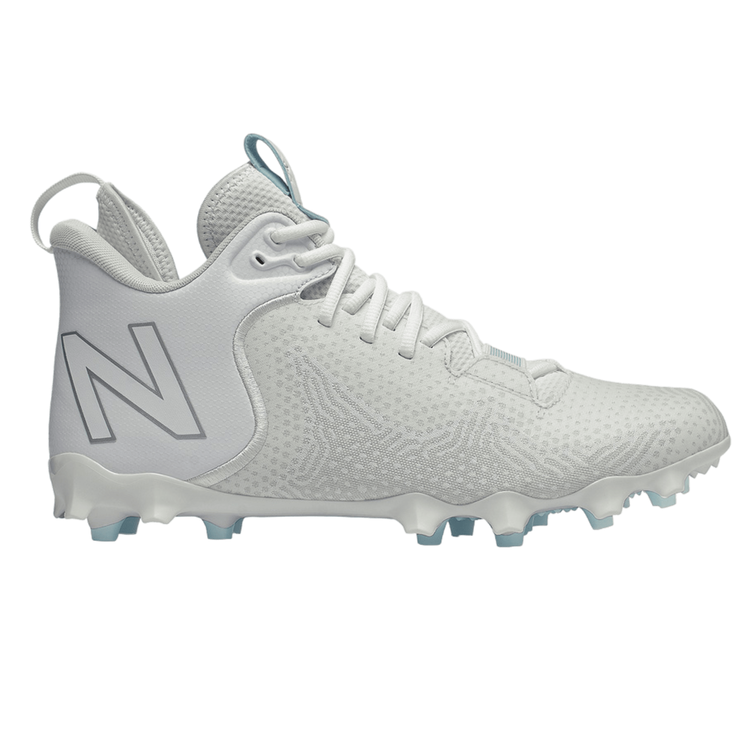 The New Balance Freeze LX 3 Mid Cleats in white, adorned with light blue accents and a striking patterned design on the sides, offer exceptional performance. They feature a high ankle collar, lace-up front, prominent "N" logo, and Quixrail outer lugs for improved grip, making them ideal for agile play.
