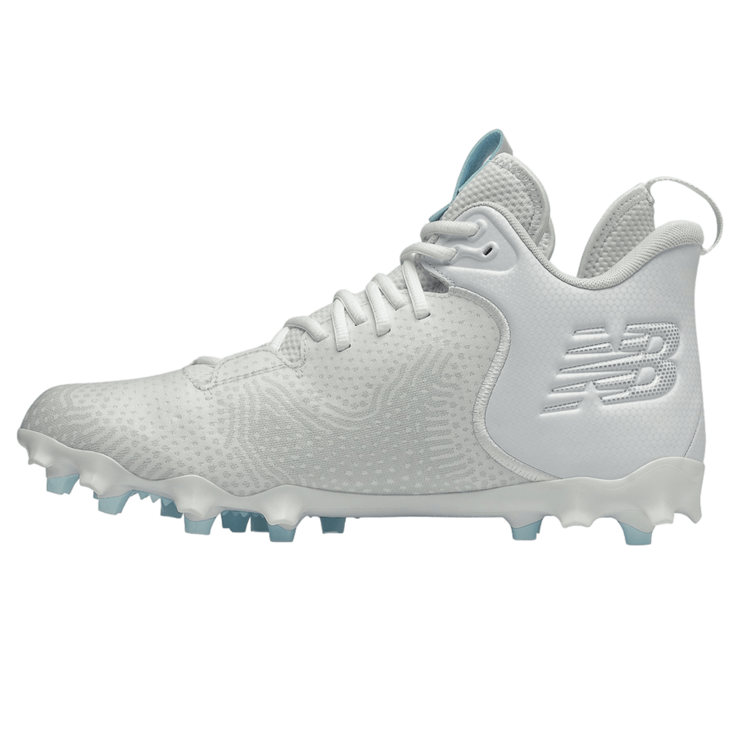 The New Balance Freeze LX 3 Mid Cleats in white feature a textured pattern with blue accents, a high-top design, and rubber studs for improved grip. The Quixrail outer lugs enhance traction, and the iconic New Balance logo is prominently displayed on the side against a plain background.